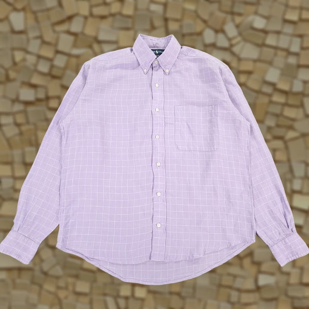 Polo Ralph Lauren VINTAGE Polo Ralph Lauren Shirt Mens Large Purple Check 100% Linen Button Down Collar Long Sleeve Size US L / EU 52-54 / 3 - 1 Thumbnail