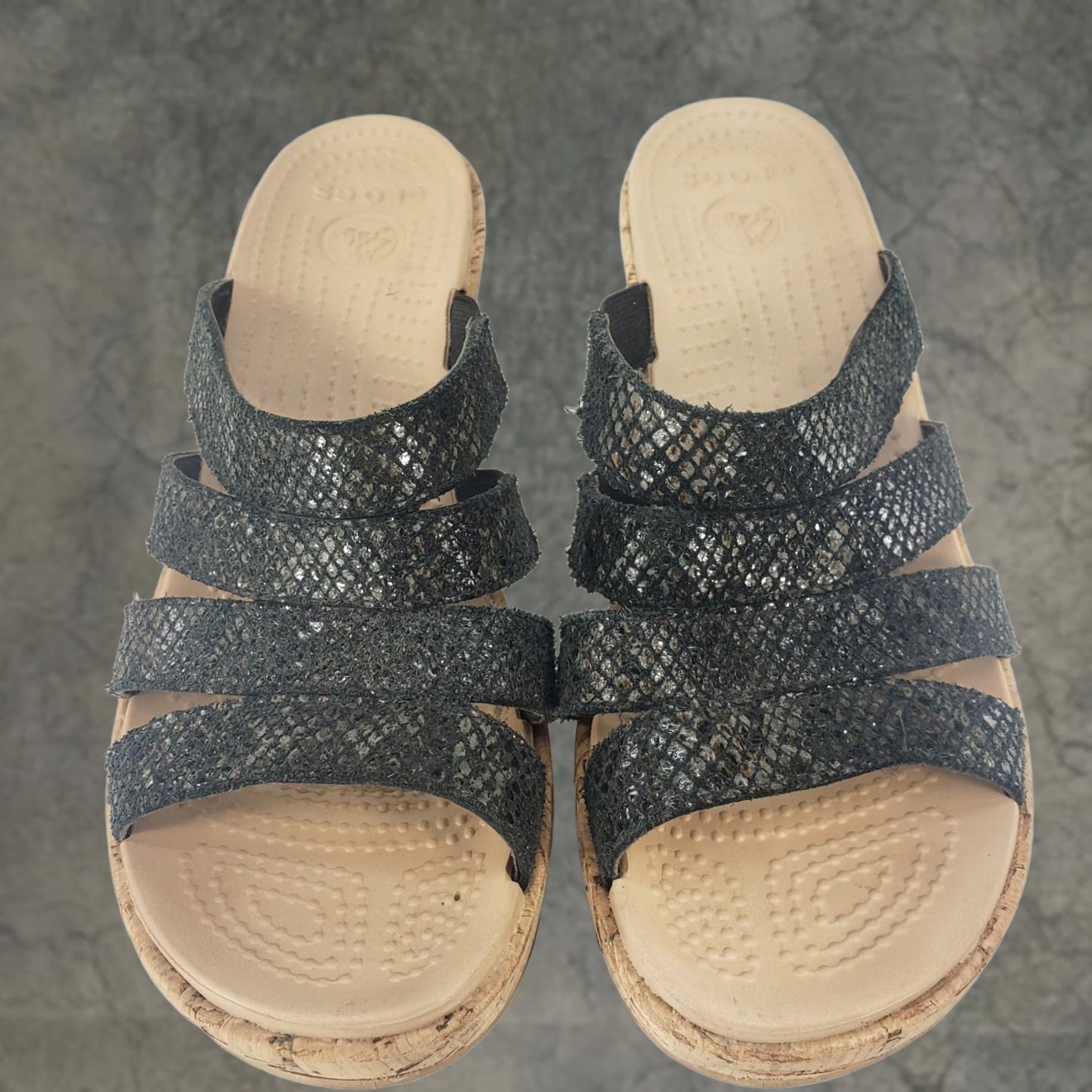 Crocs Crocs A-Leigh Cork Wedge Heel Sandals Black Reptile Upper Slip On Strappy Womens 9M Shoes Size US 9 / IT 39 - 1 Thumbnail