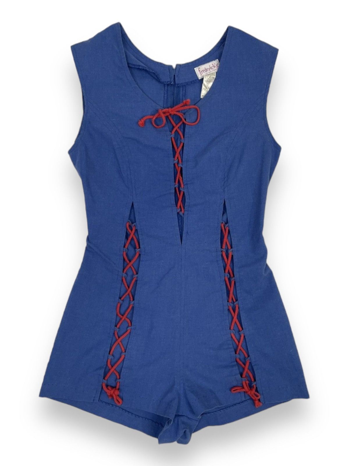 image of Vintage 1970S Fredrick’S Of Hollywood Blue Red Lace Up Bodysuit, Women's (Size Small)