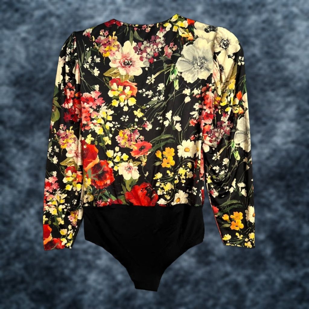 Zara Zara Bodysuit Shirt Womens Small S Floral Black Polyester Blend Long Sleeve V-Neck Cowl Neck Stretch Spring Summer - Mens? Size S / US 4 / IT 40 - 1 Thumbnail
