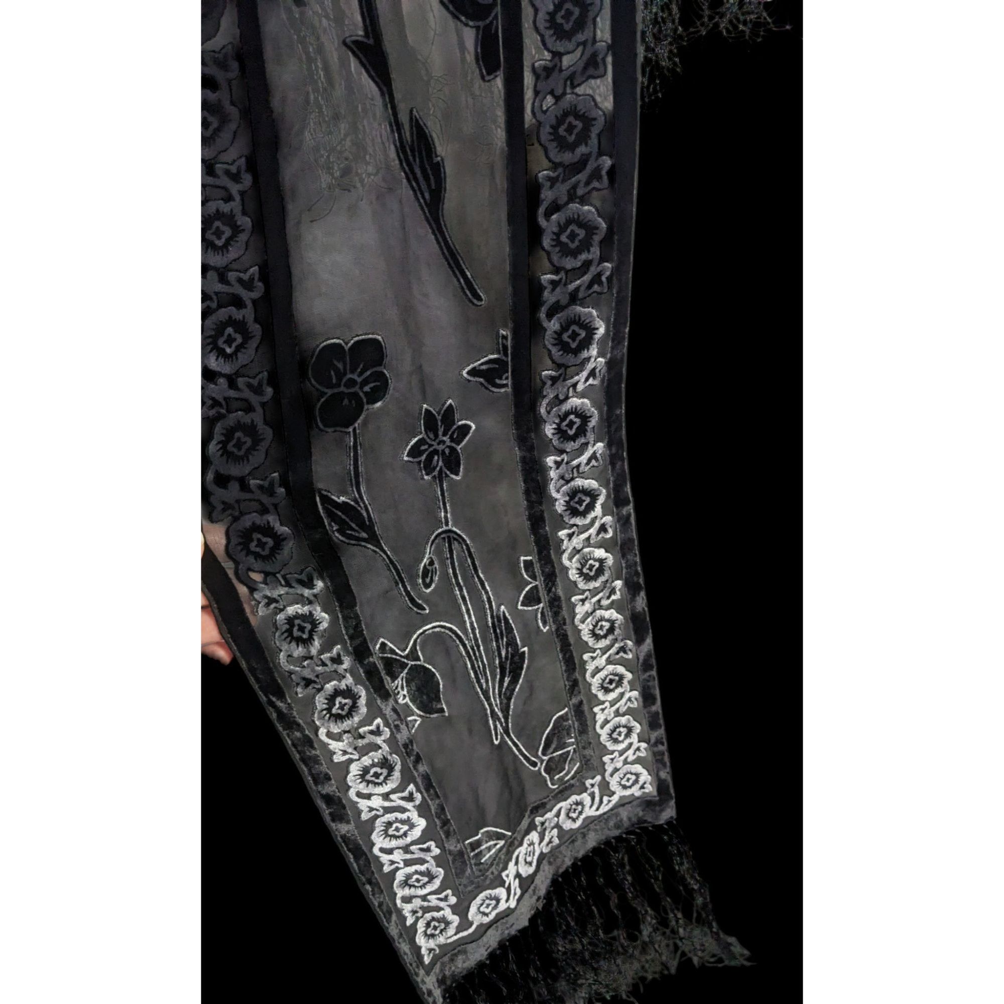 Other Vintage Gothic Burnt Velvet Floral Scarf With 7-Inch Fringe Size ONE SIZE - 5 Thumbnail