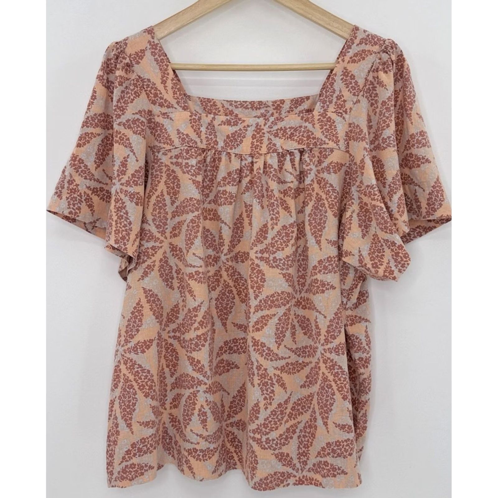 Vintage ECOTHREADS Blouse XL Beach Boho Linen Blend Peach Pink Floral Square Neck Sz Size XL / US 12-14 / IT 48-50 - 2 Thumbnail