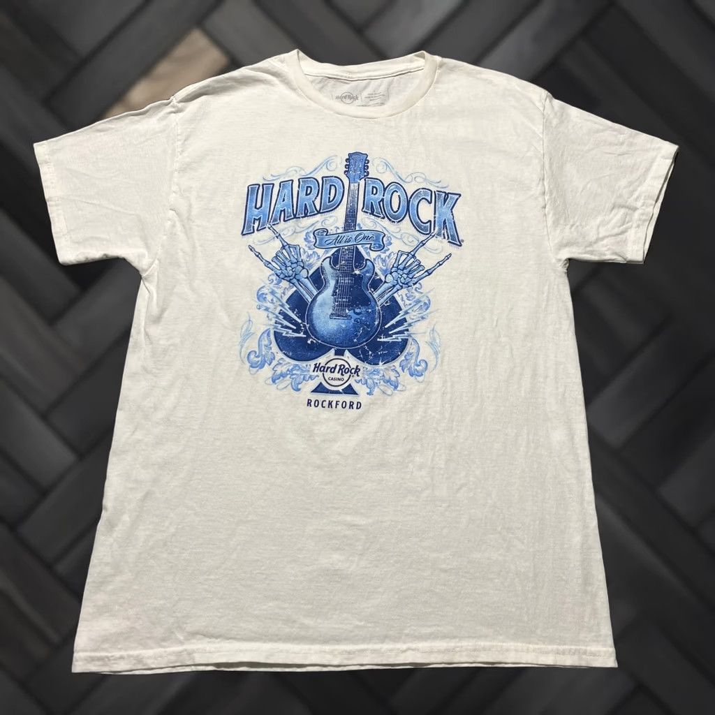 Hard Rock Cafe Hard Rock Cafe Rockford Casino Mens Large Cream Blue Guitar Graphic T-Shirt L Size US L / EU 52-54 / 3 - 1 Thumbnail