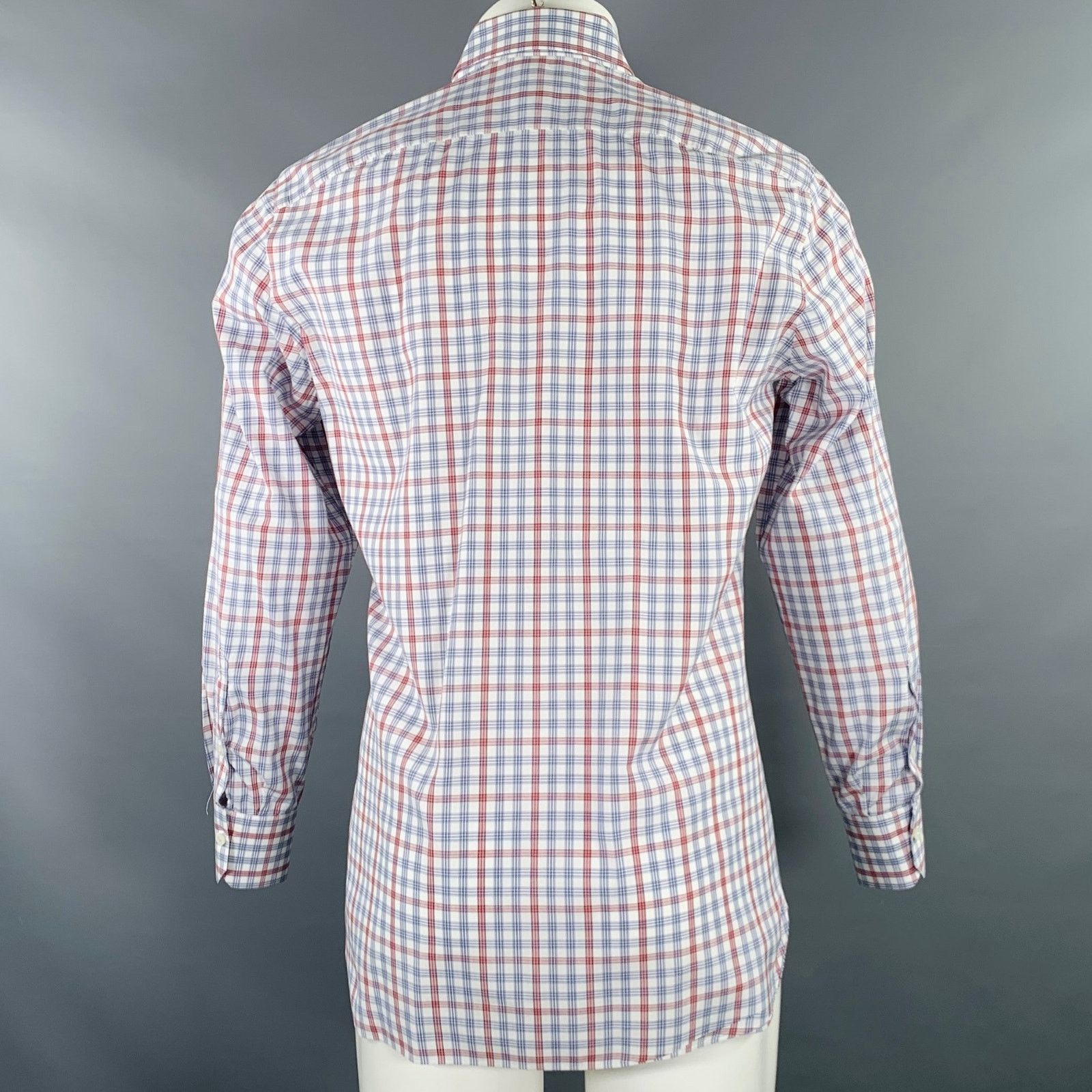 Isaia Burgundy White Blue Plaid Cotton Spread Collar Shirt Size US M / EU 48-50 / 2 - 4 Thumbnail
