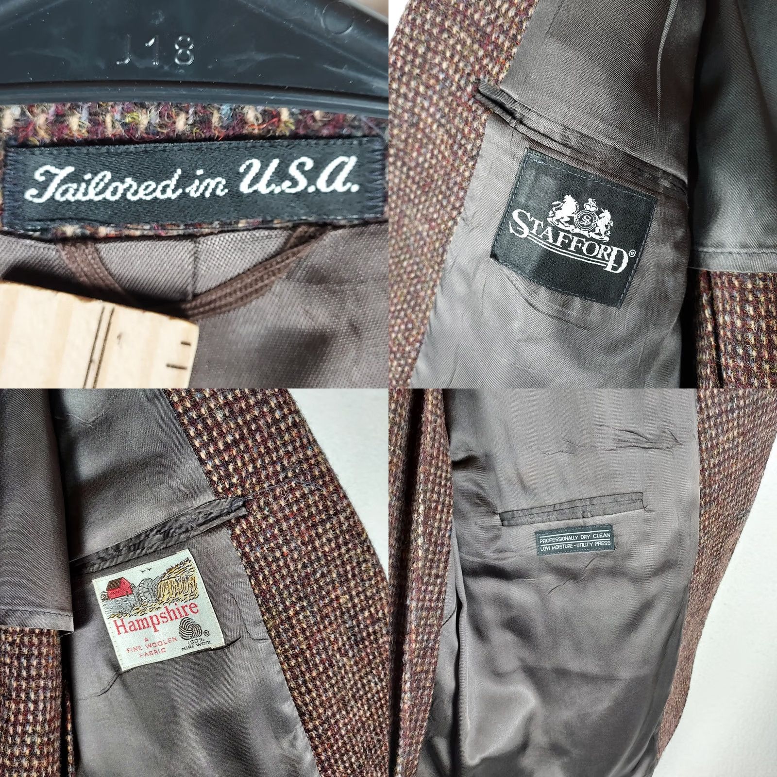 Stafford Stafford Wool Blazer 100% Pure Wool Brown Tweed Check Single‑Breasted 2‑Button Notch Lapel Mens Jacket 44R USA Size 44R - 9 Thumbnail