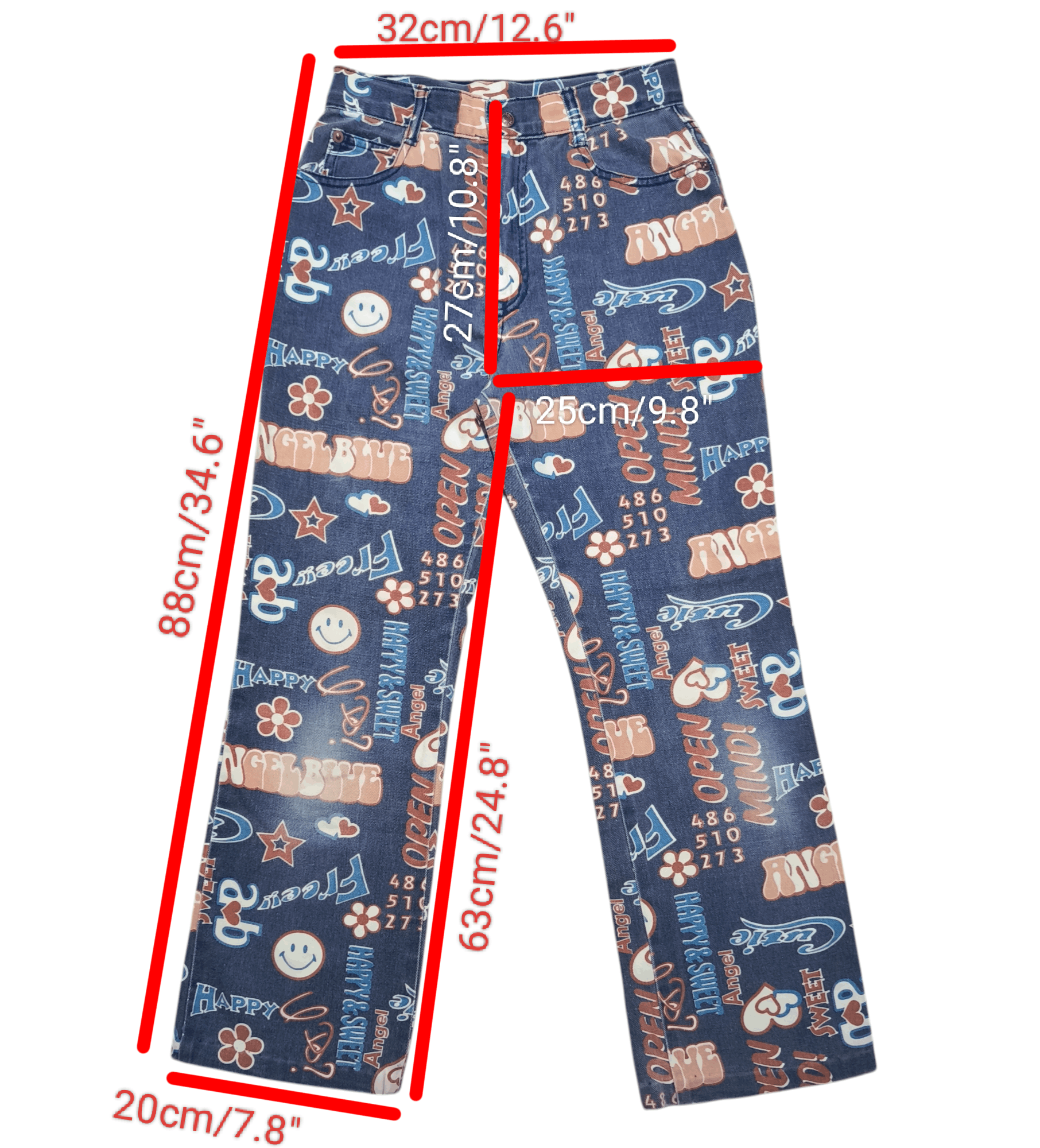 Vintage Y2K ANGEL BLUE Emoji Printed AOP Stretch Jeans Pants