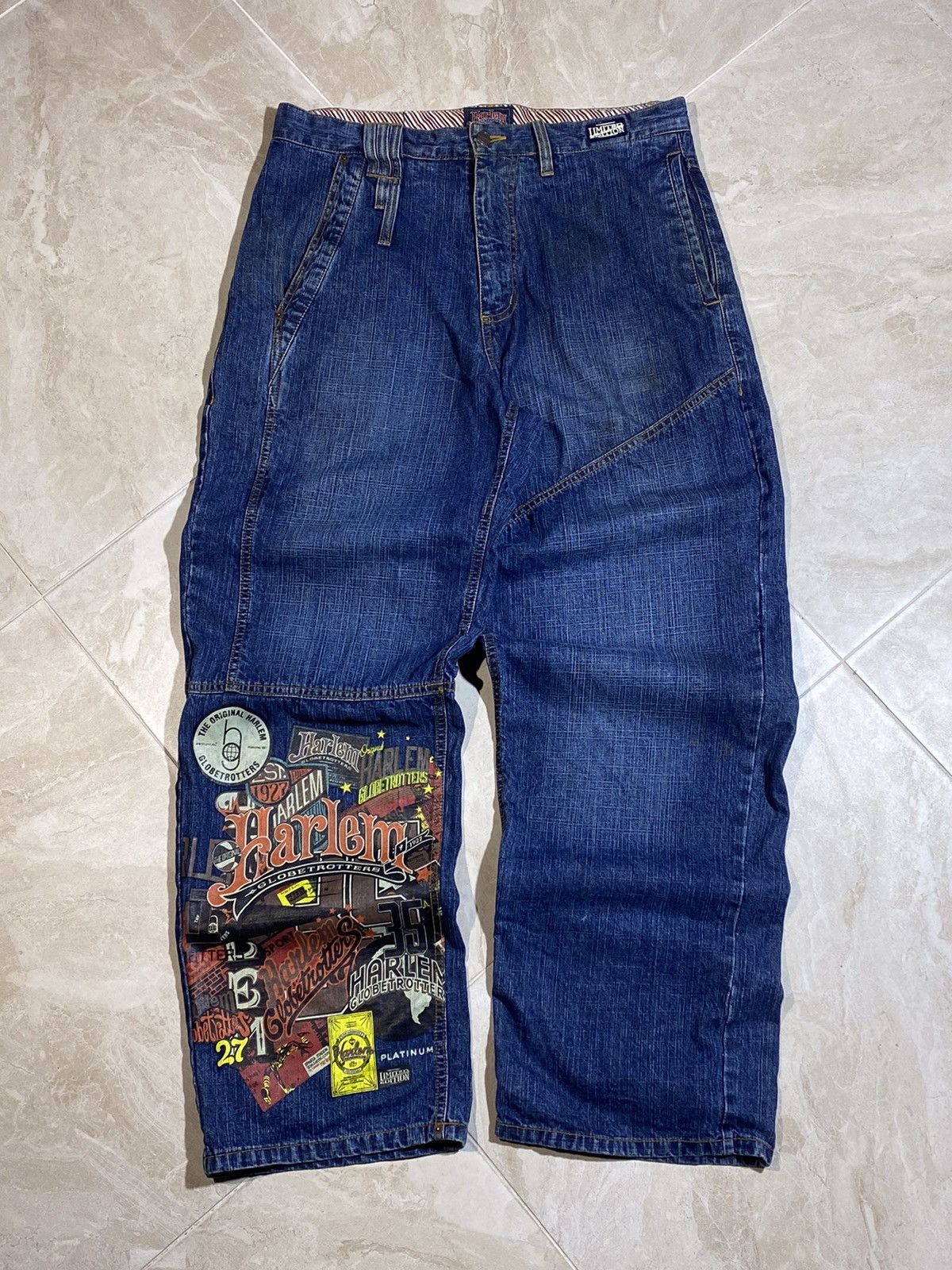 image of Crazy Y2K Platinum Fubu Jnco Style Globetrotters 34X34 Jeans in Blue, Men's