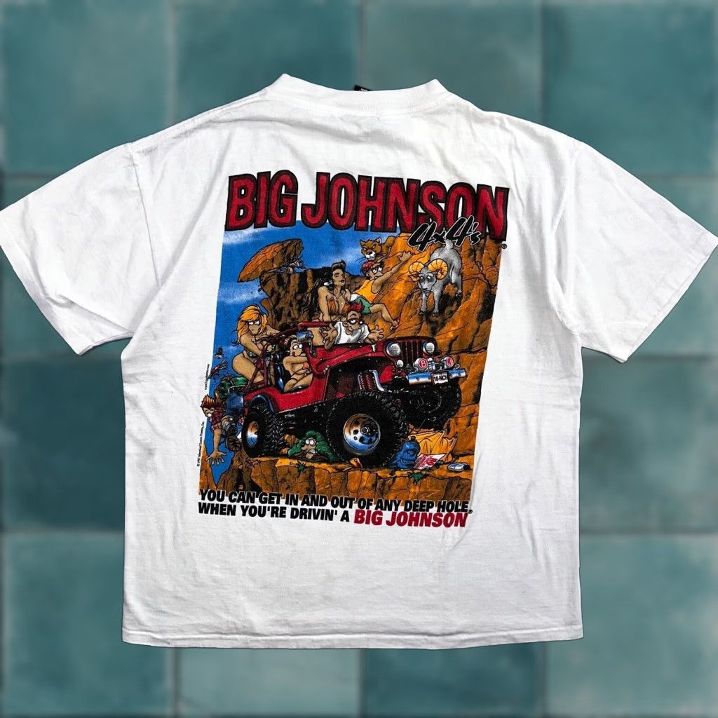 Big John VINTAGE Big Johnson T-Shirt Mens White Short Sleeve Crew Neck L 1997 90s Naughty Humor Trucks Graphic Print Vintage 70s 80s 90s Pattern Solid Size US L / EU 52-54 / 3 - 1 Thumbnail