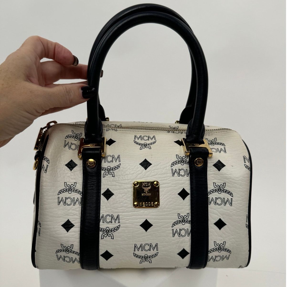 MCM Blue White Monogram Rare Boston Mini Top Handle Bag