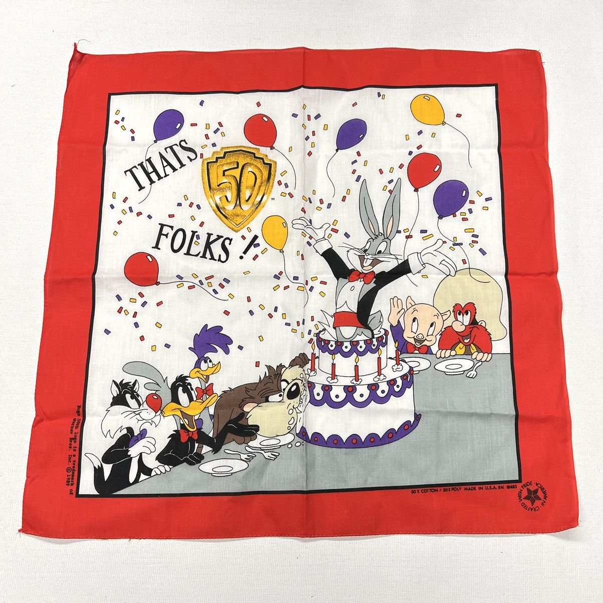 Vintage × Warner Bros VTG Looney Tunes Bandana Handkerchief Bugs Bunny 50th Size ONE SIZE - 1 Thumbnail