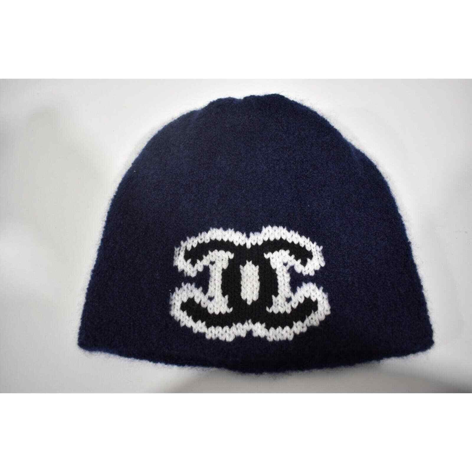 Chanel Wool Cashmere Navy Blue White Black Beanie Winter Hat