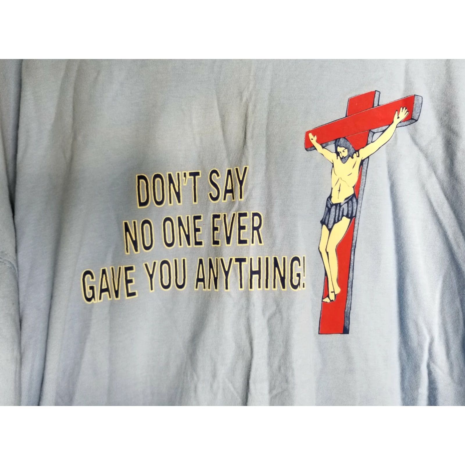 Vintage VINTAGE Men’s 2XL T-Shirt - Jesus Don’t Say No One Gave You Anything Cross Bible - Cotton Club - Long Sleeve - Blue, 90s Sports Theme Size US XXL / EU 58 / 5 - 5 Thumbnail