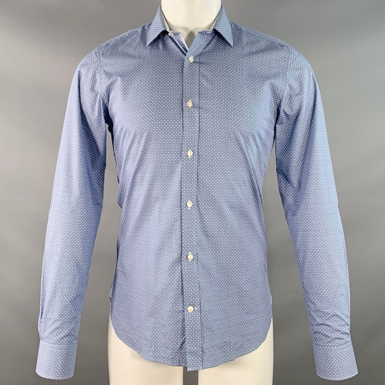 Ted Baker Blue White Woven Cotton Curved Cutaway Long Sleeve Shirt Size US S / EU 44-46 / 1 - 1 Thumbnail