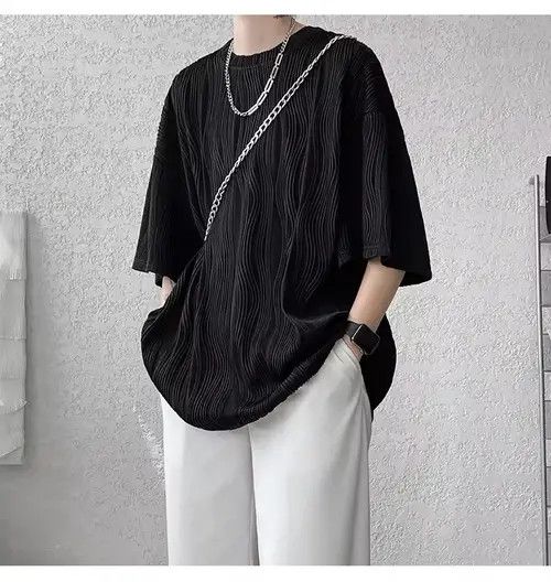 VIBE 💎 Korean Black Wave Pleated Relaxed Tee T-shirt Size US L / EU 52-54 / 3 - 7 Thumbnail