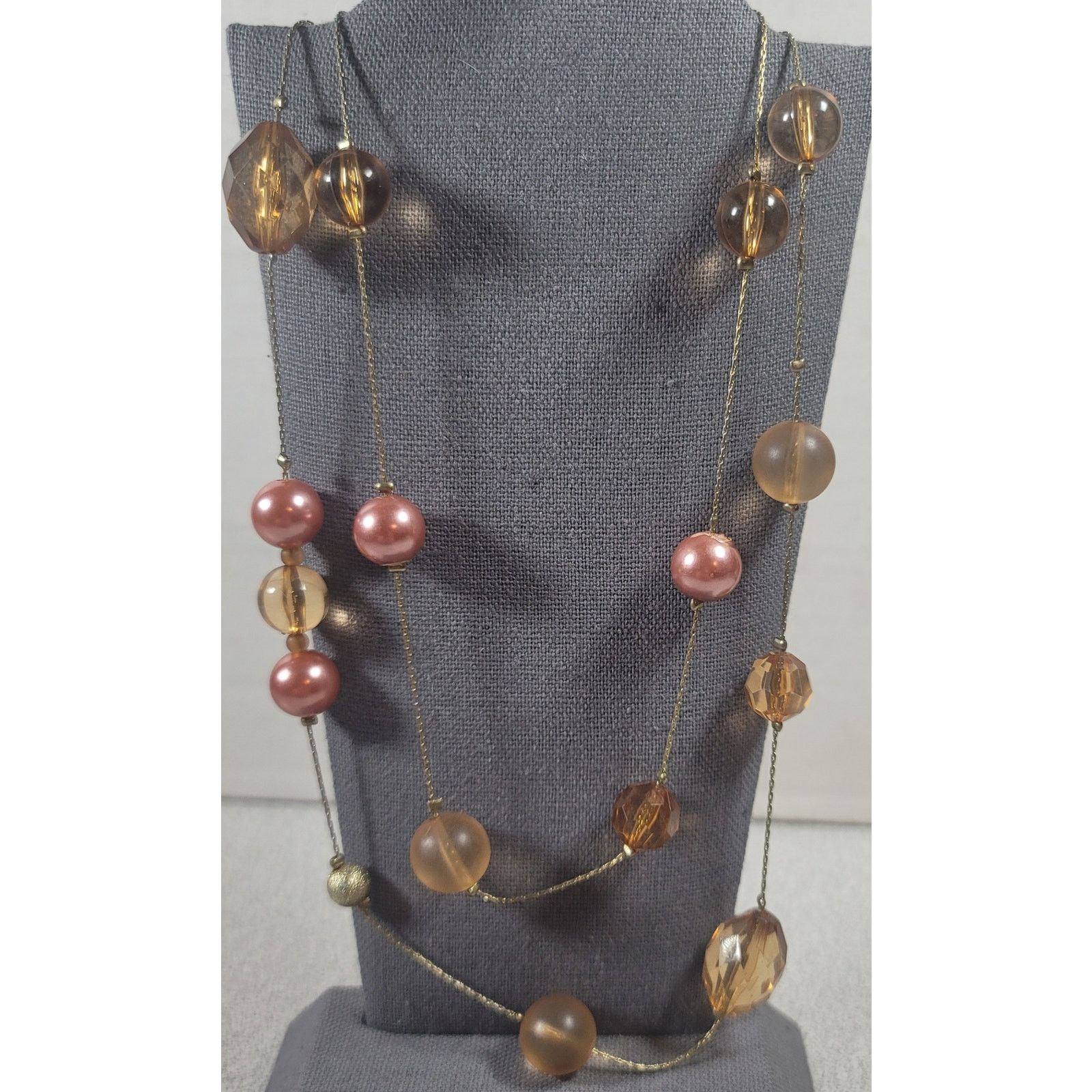 Other Double Strand Gold Amber Pink Iridescent Beads 16" Necklace Size ONE SIZE - 1 Thumbnail