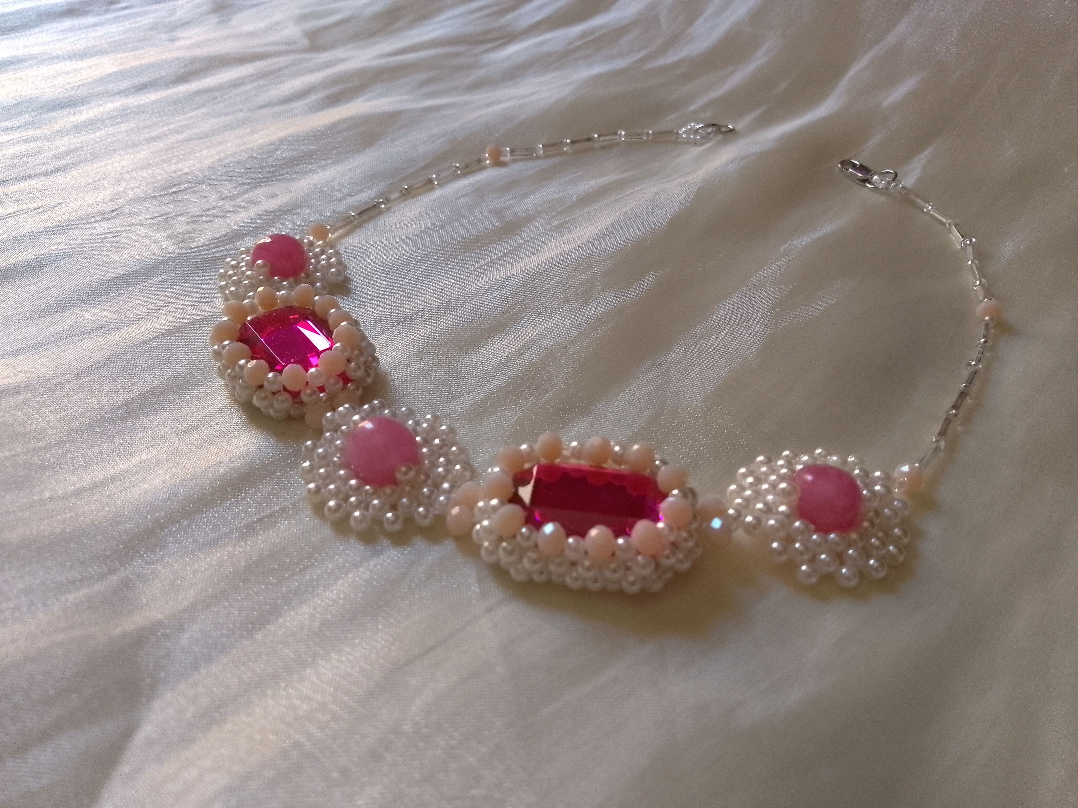 Handmade Beaded necklace pink Zircons & natural jade gemstones Size ONE SIZE - 8 Thumbnail