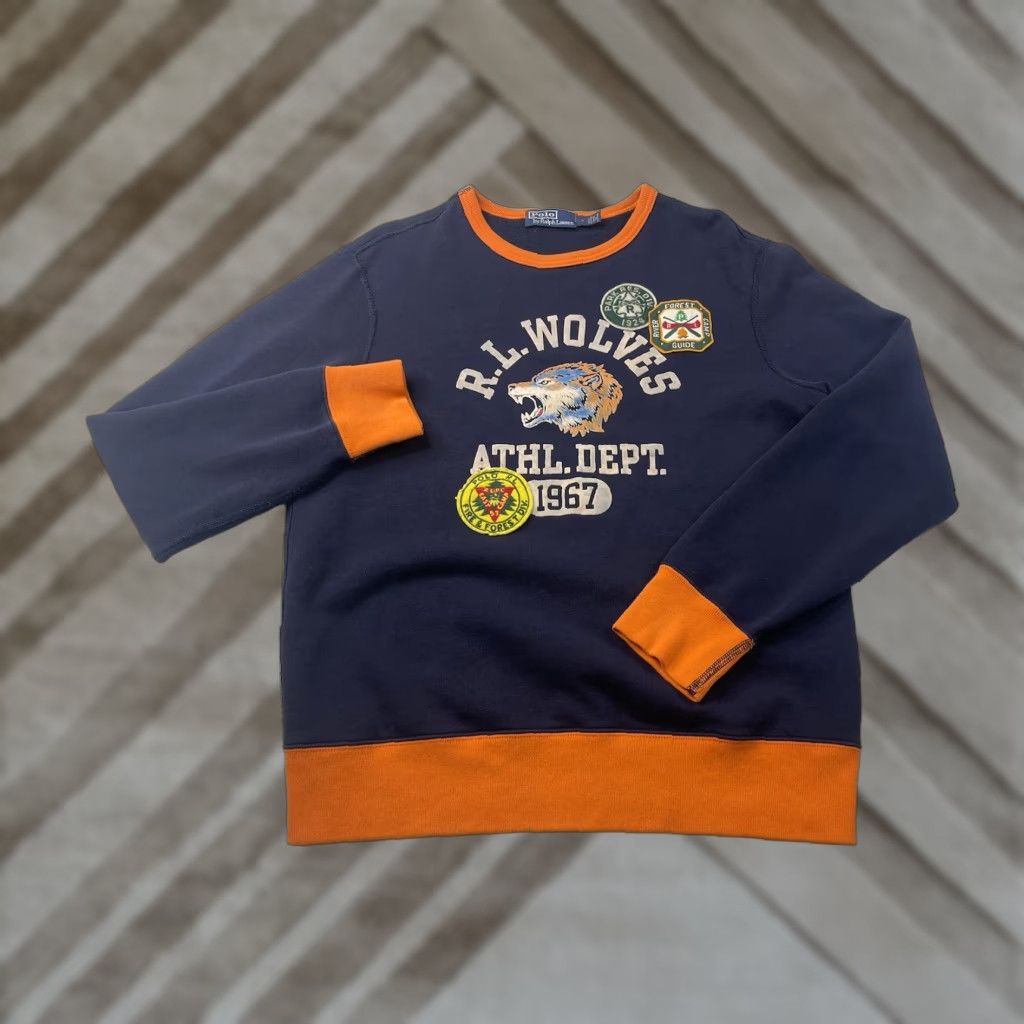 VINTAGE Ralph Lauren Polo RRL Sweatshirt Wolf Logo Patches Navy Blue M Mens Polo Sweatshirt Pullover Fleece Logo Wolves Modern