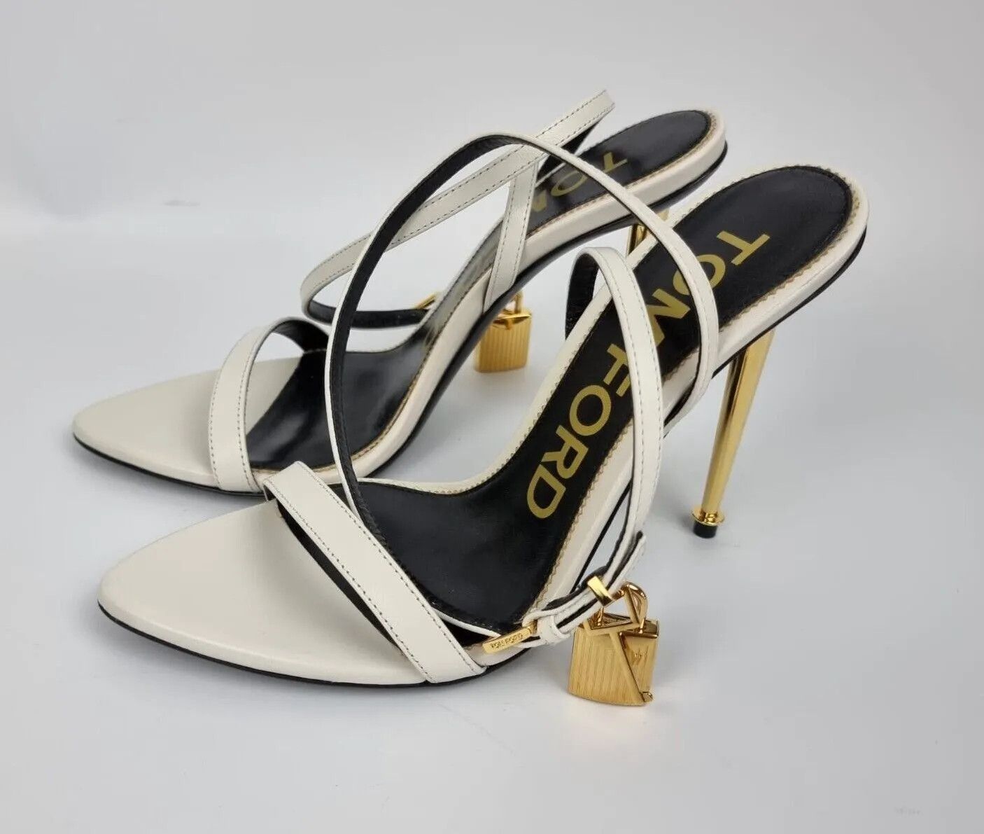 Tom Ford Padlock Leather Chalk White 105mm Sandals New