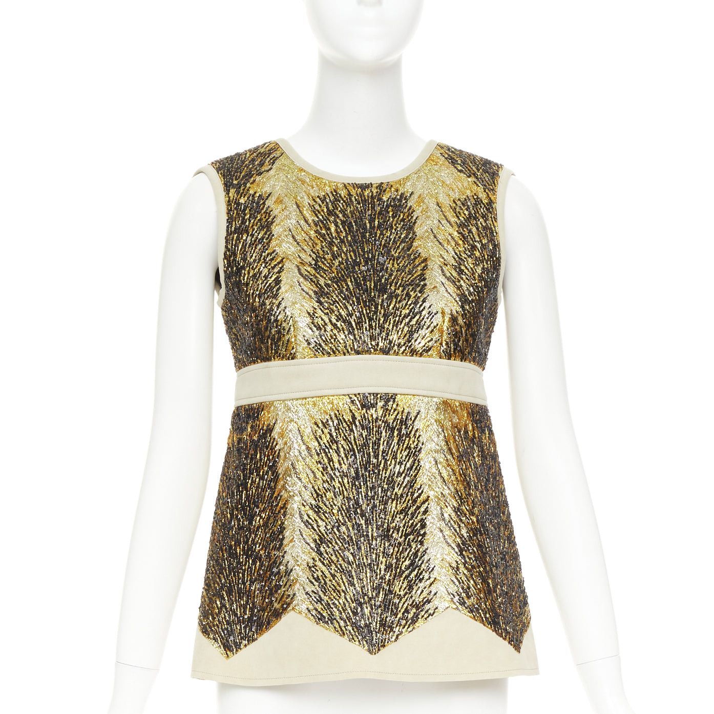 Louis Vuitton LOUIS VUITTON 2014 gold black sequin embellished neoprene silk lined top FR36 S Taylor Swift Size S / US 4 / IT 40 - 1 Thumbnail