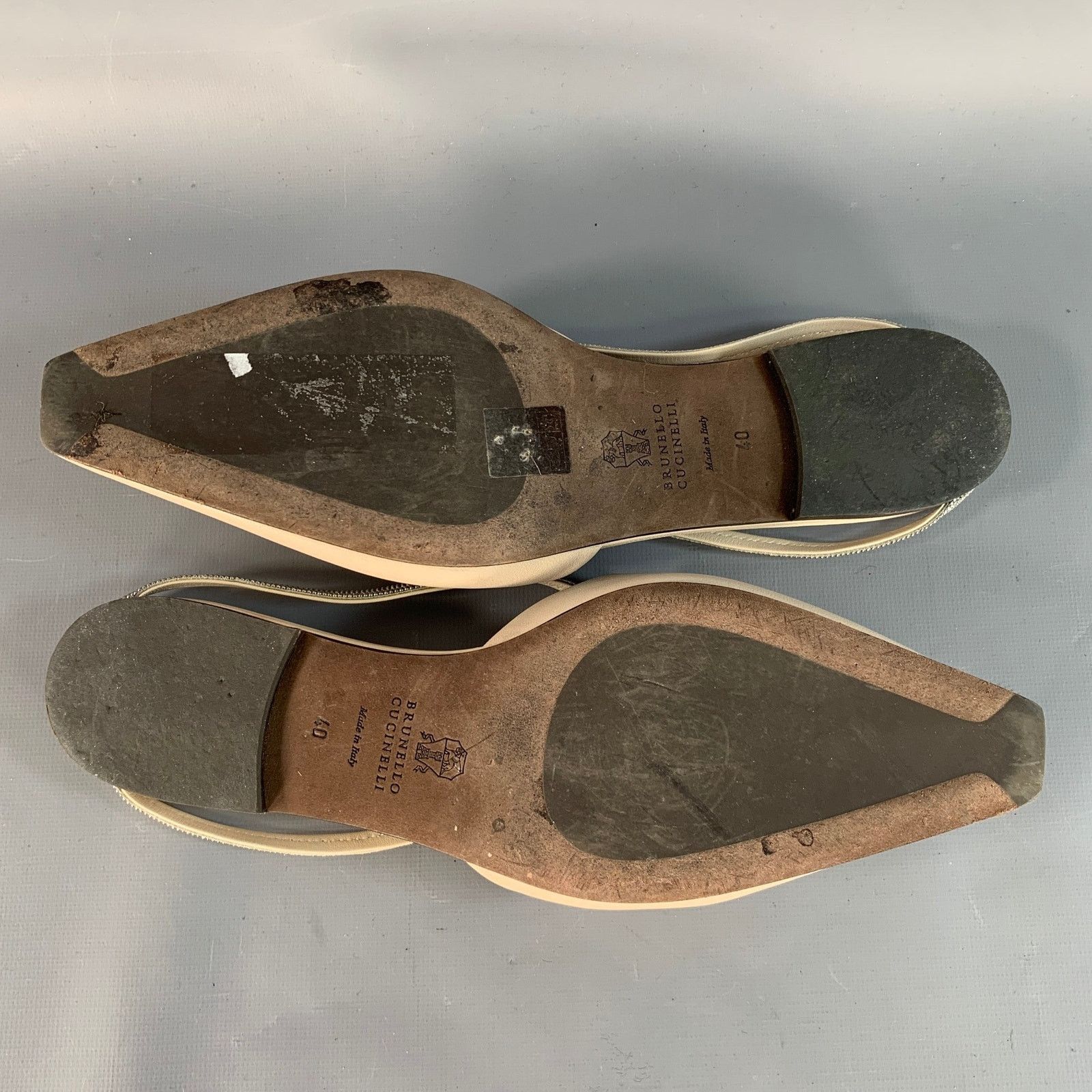Brunello Cucinelli BRUNELLO CUCINELLI Beige Silver Leather Monili Slip On Flats Size US 10 / IT 40 - 6 Thumbnail