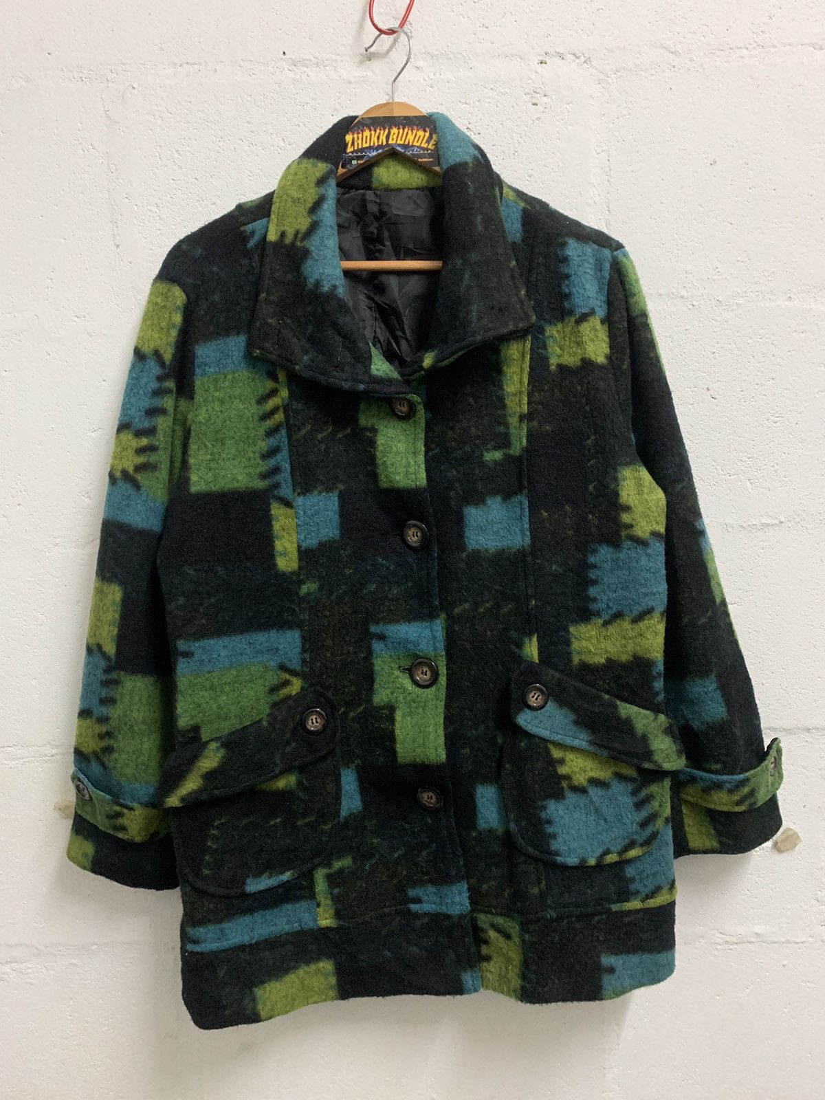 image of Vintage Patchwork Print Wool Jacket in Green, Women's (Size XL)