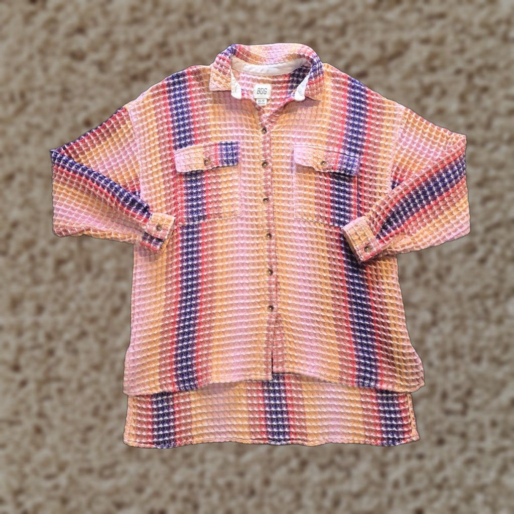 Bdg BDG Top Womens XS Pink Striped Waffle Knit Button Up Capsule Boho Casual Shirt Ladies? Size XS / US 0-2 / IT 36-38 - 1 Thumbnail