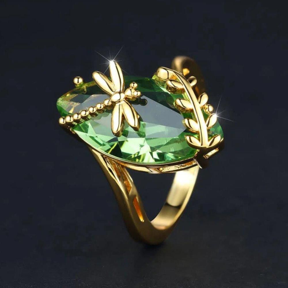 Designer Sterling Silver Green Olive Marquise Gold Dragonfly Ring Size ONE SIZE - 4 Thumbnail