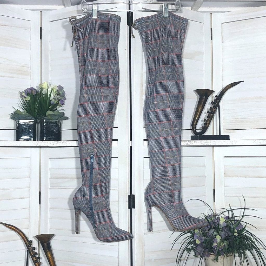 Forever 21 Y2K over the knee boots plaid grayred stretchy wide calf 7 Size US 7 / IT 37 - 2 Thumbnail