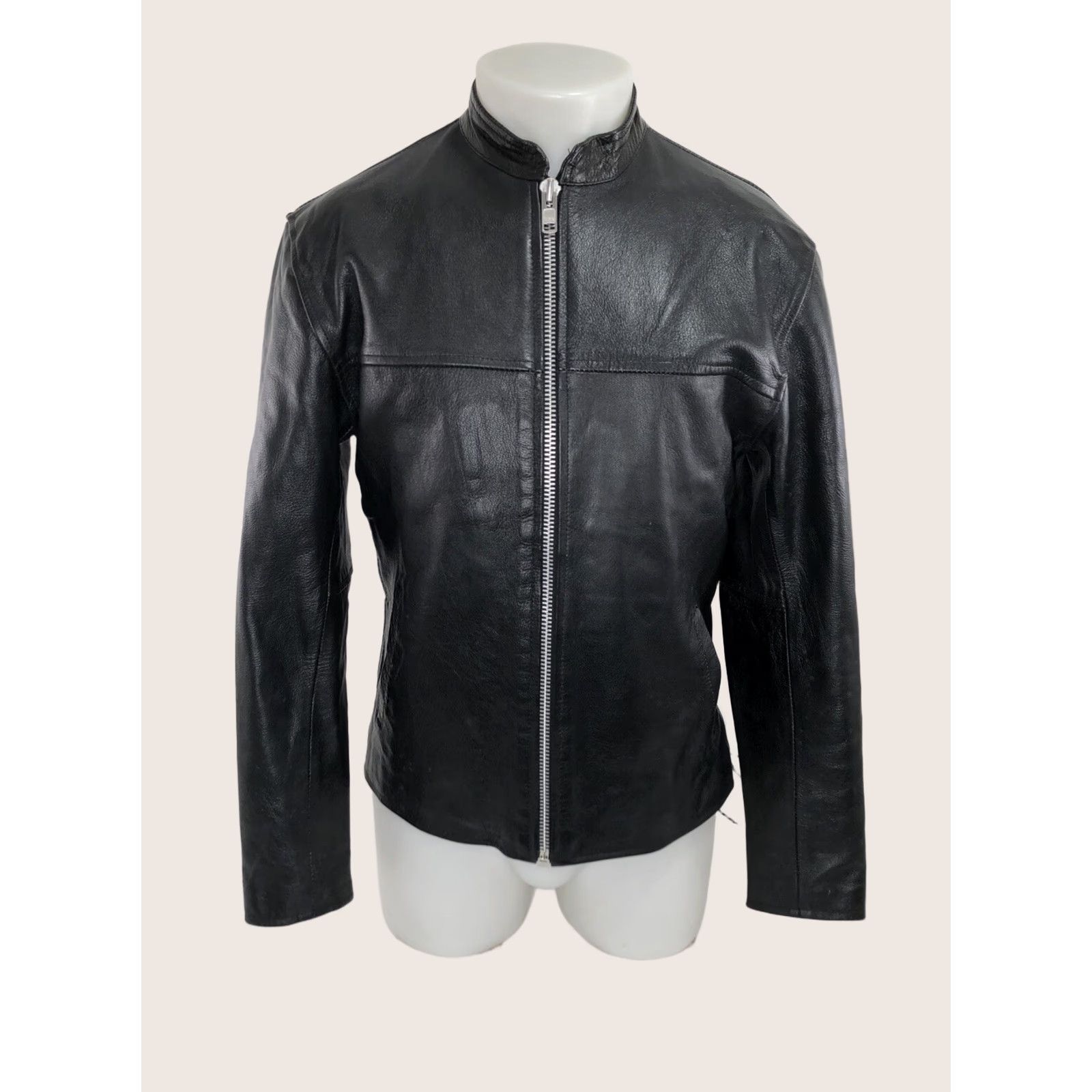 Vintage ALLSTATE LEATHER - MOTO Jacket Men 40 Black Collarless Lace Side Racing Biker Motorcycle 1990s Size US XXS / EU 40 - 1 Thumbnail