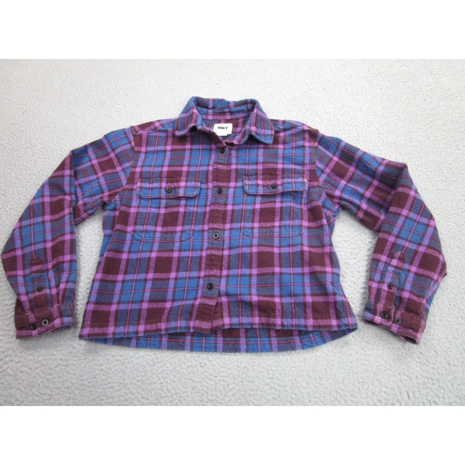 Obey VINTAGE Obey Shirt Womens XS Purple Plaid Flannel Organic Cotton Button Front Casual Size XS / US 0-2 / IT 36-38 - 2 Thumbnail