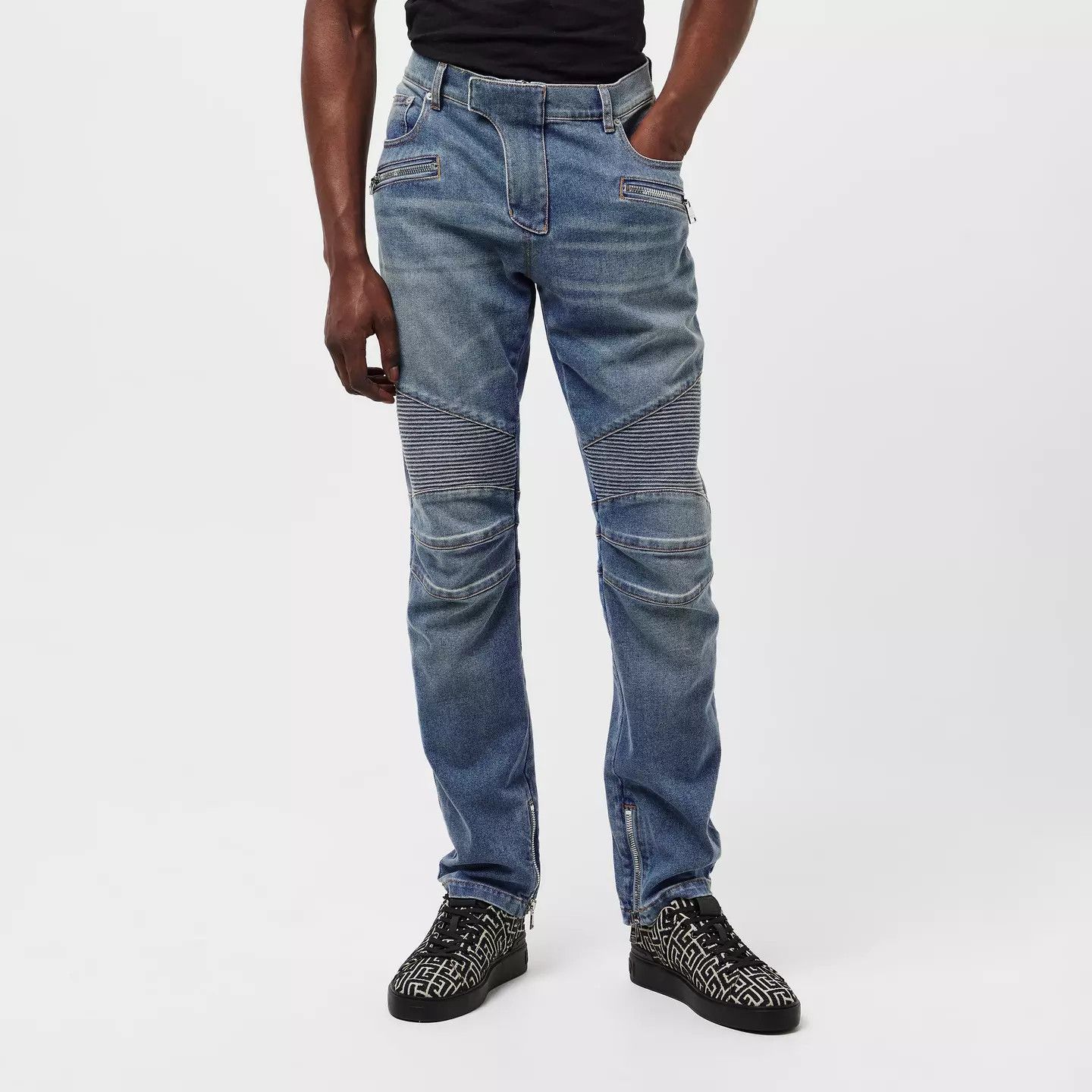 Balmain o1g2r1mq0426 Biker Ribbed Straight Leg Jeans in Blue Size US 32 / EU 48 - 3 Thumbnail