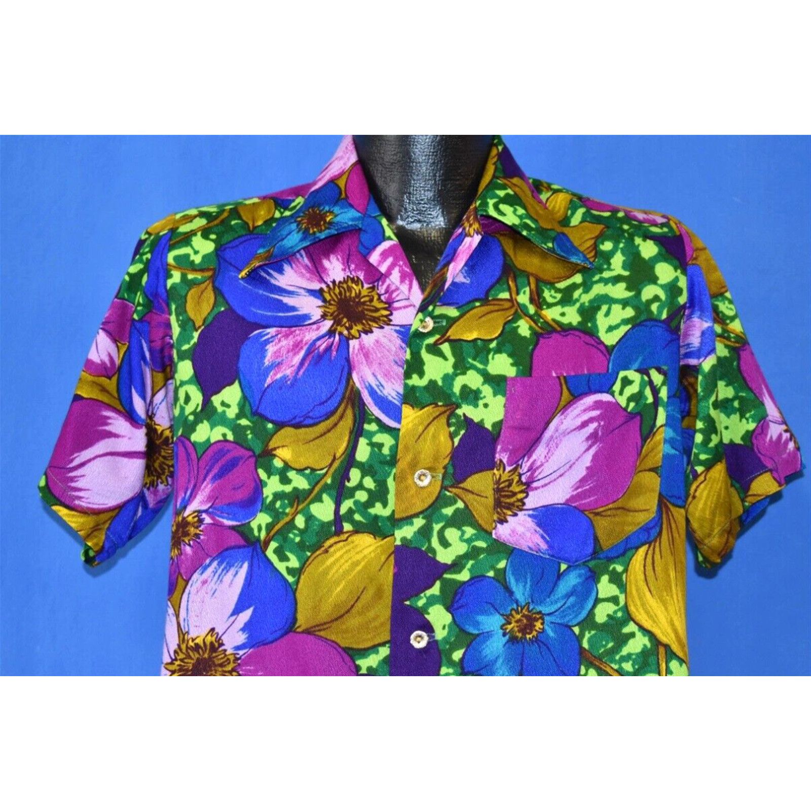 image of Vintage 70's Mia Design Floral Green Purple Bright Color Aloha Hawaiian Shirt S in White (Size Smal