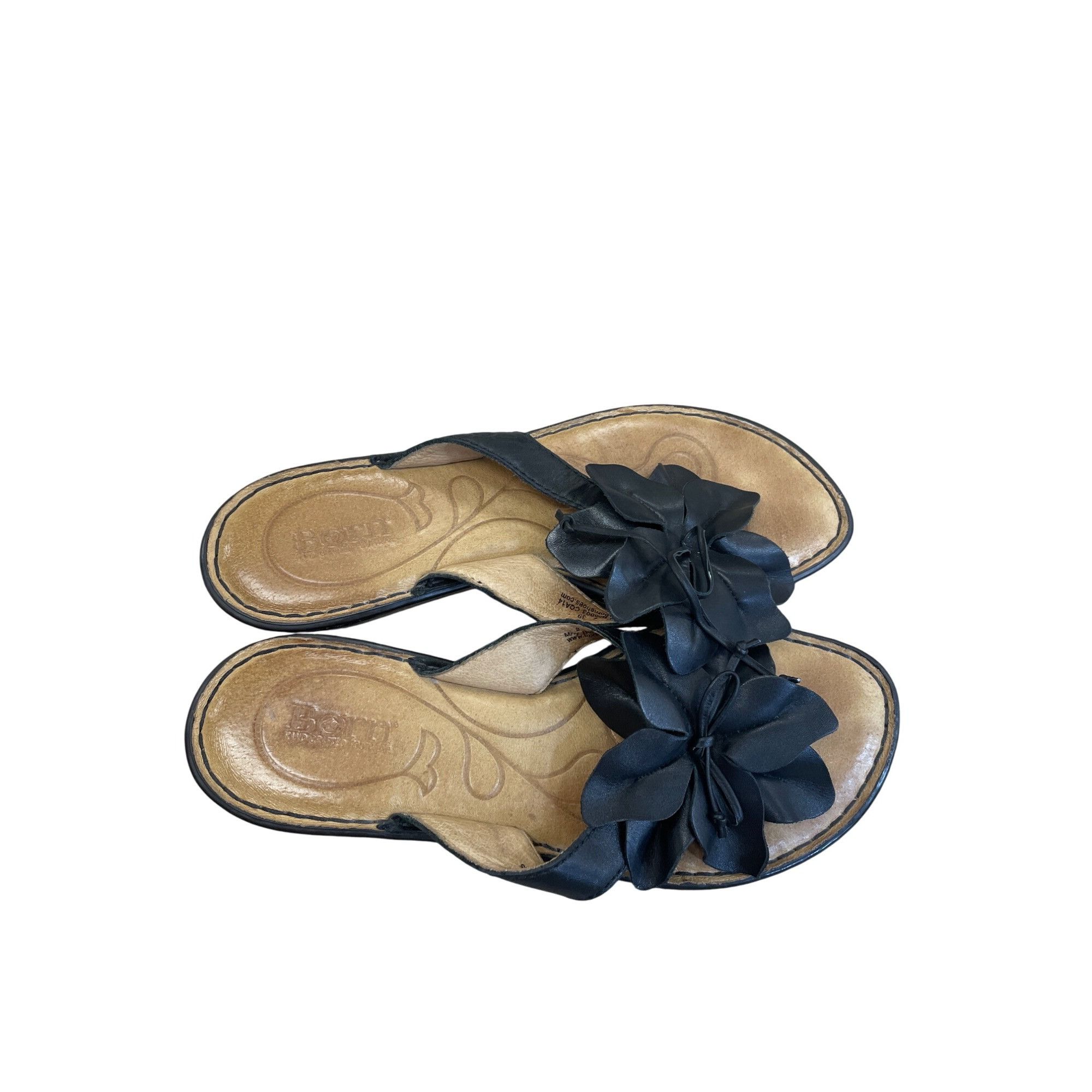 Born Born Womens Black Leather floral 2" Wedge Slip-On sandals Si Size US 8 / IT 38 - 12 Thumbnail
