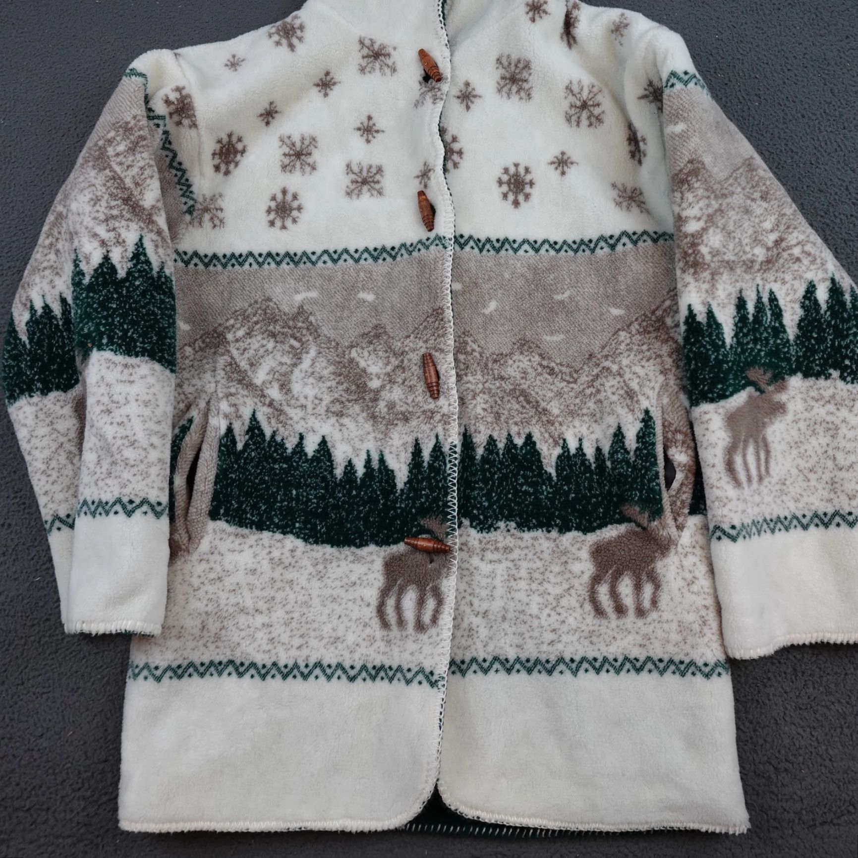 Vintage Denali Coat Womens Medium White Fleece Hooded Toggle Moose Print Lined Parka Button Pocket Swing Size M / US 6-8 / IT 42-44 - 2 Thumbnail