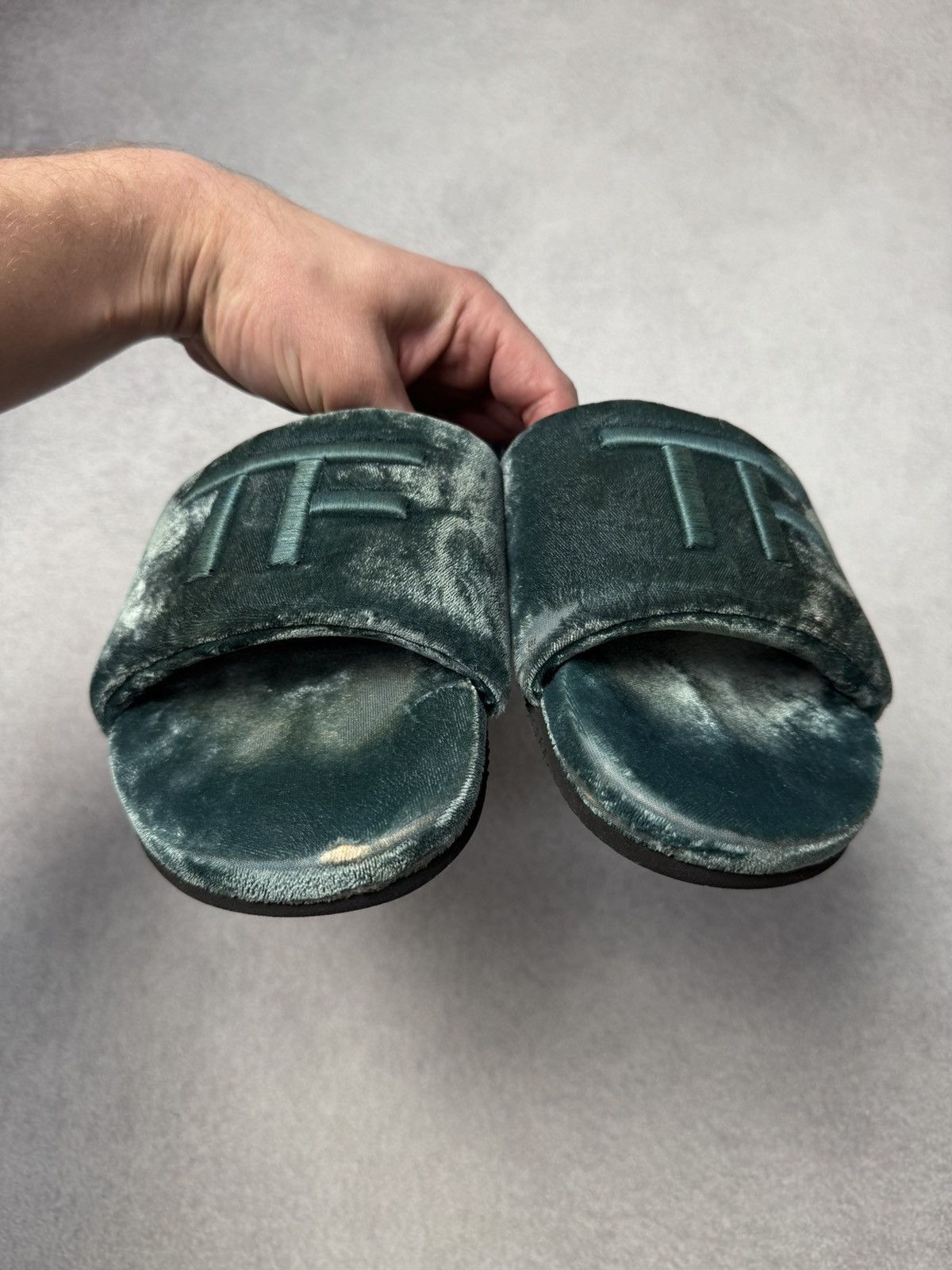 Tom Ford ✅ Tom Ford Teal Velvet TF Logo Slippers Slides US7-8 Size US 7.5 / EU 40-41 - 8 Thumbnail