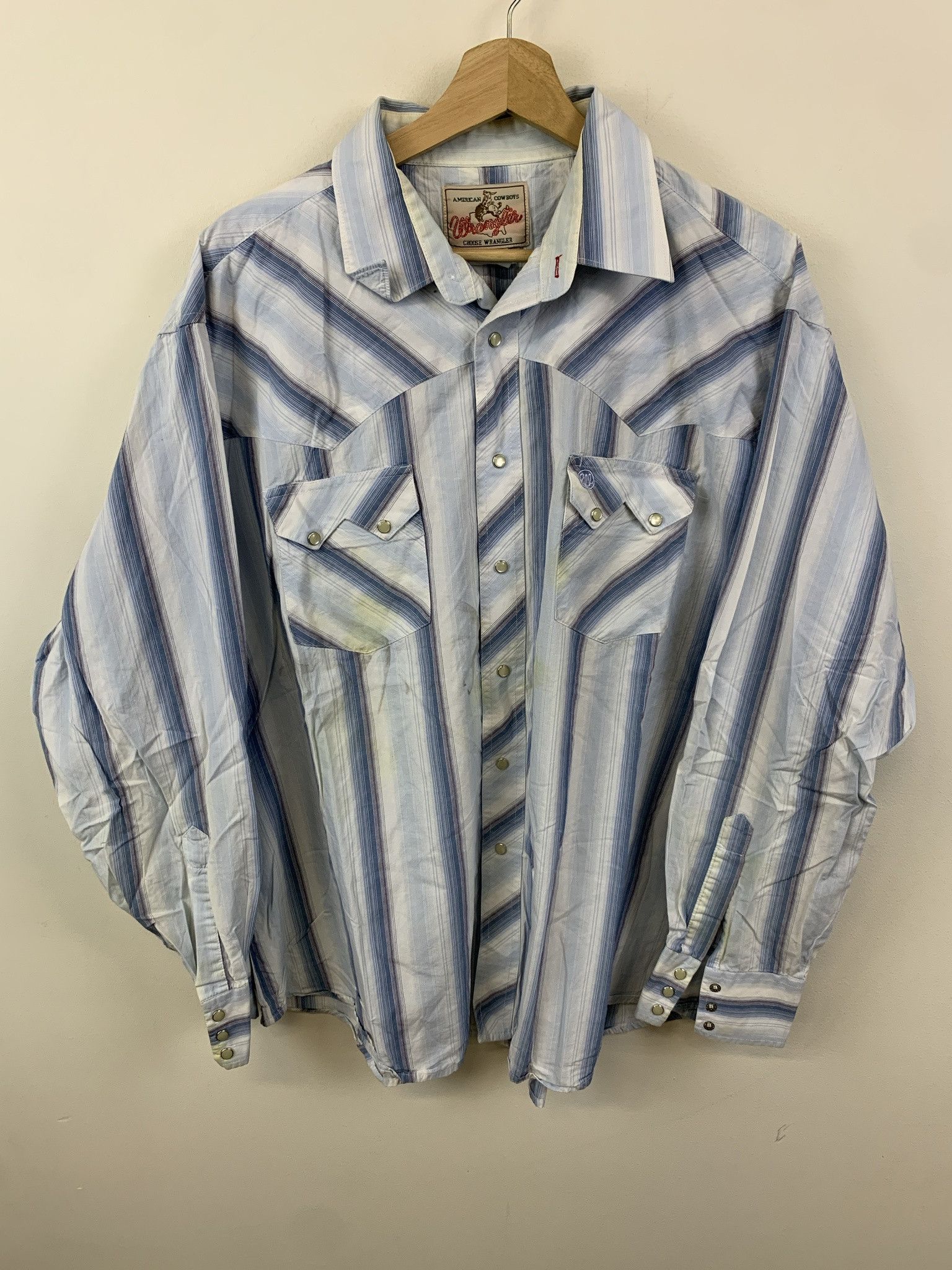 Flannel × Vintage Vitnage 1980s Wrangler Blue Stripe W pocket Western Pearl Snap Shirt Size XL Size US XL / EU 56 / 4 - 1 Thumbnail