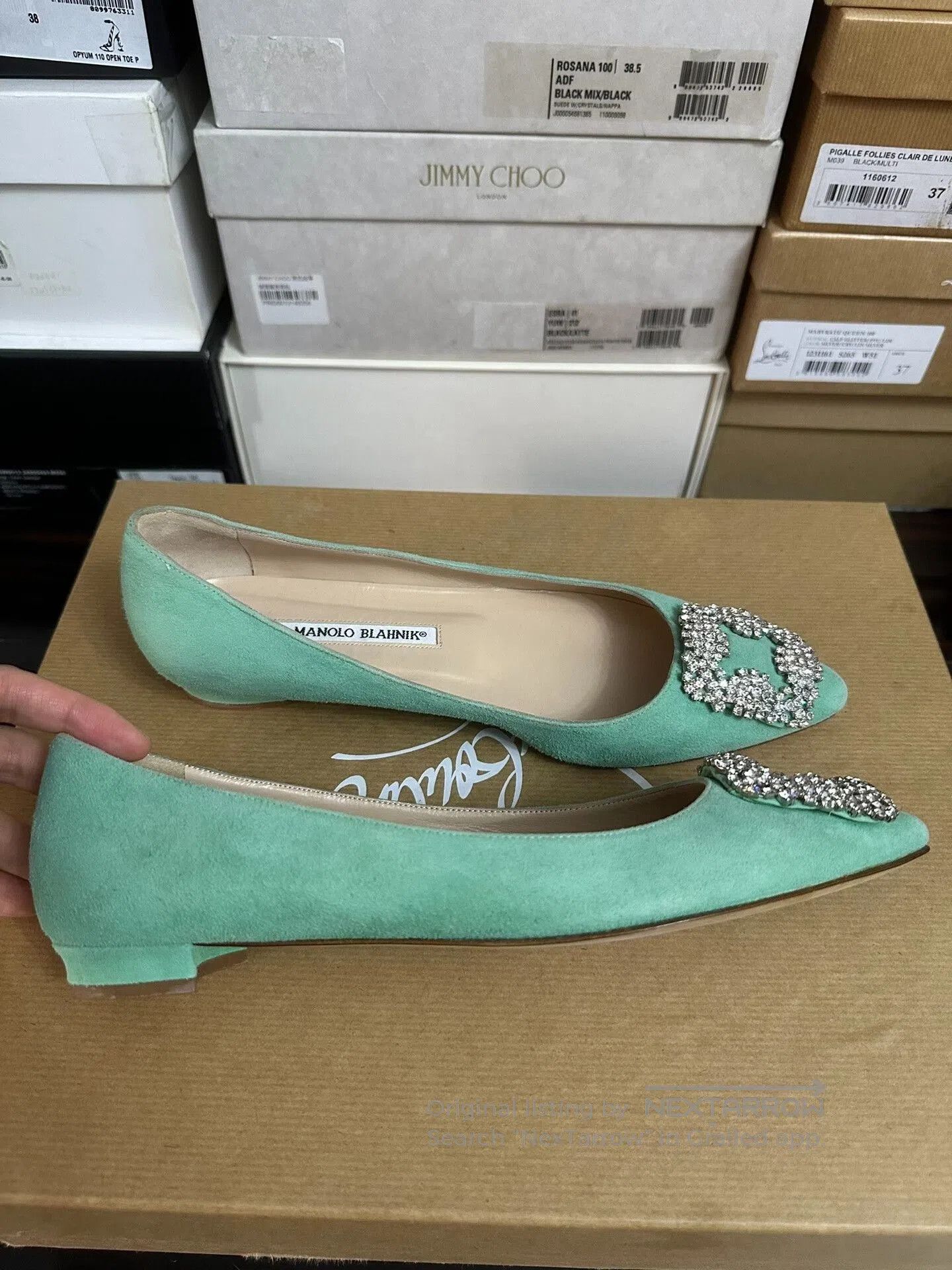 Manolo Blahnik Manolo Blahnik Mint Green Diamond Buckle Flats. Size US 7 / IT 37 - 5 Thumbnail