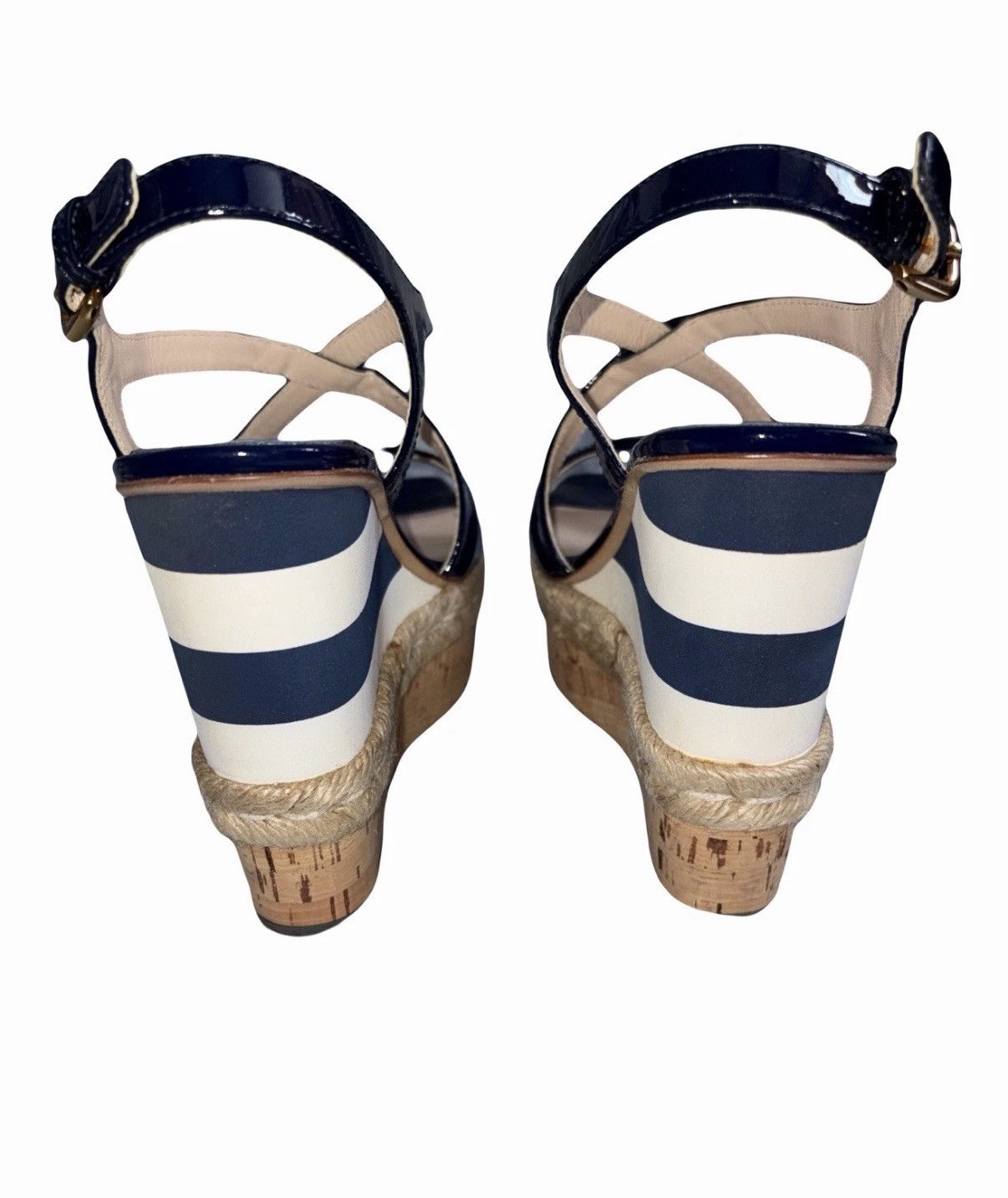 Prada Prada Navy White Stripes Patent Leather Wedge Sandals 38eu Size US 8 / IT 38 - 6 Thumbnail
