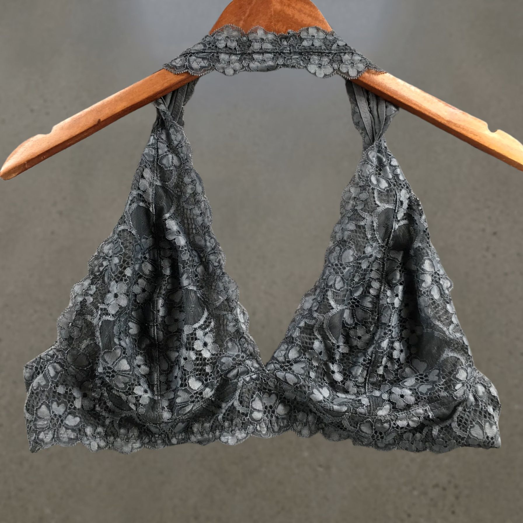 Free People Free People Lace Halter Bralette Gray Hook & Eye Wireless No Padding Womens S Bralette Size ONE SIZE - 1 Thumbnail