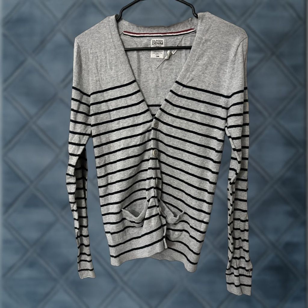 Tommy Hilfiger TOMMY HILFIGER Cardigan Women Size Small Cream Gray Stripes Cotton Cardigan Women Small Gray Stripe 100% Cotton Knit Sweater Size S / US 4 / IT 40 - 1 Thumbnail