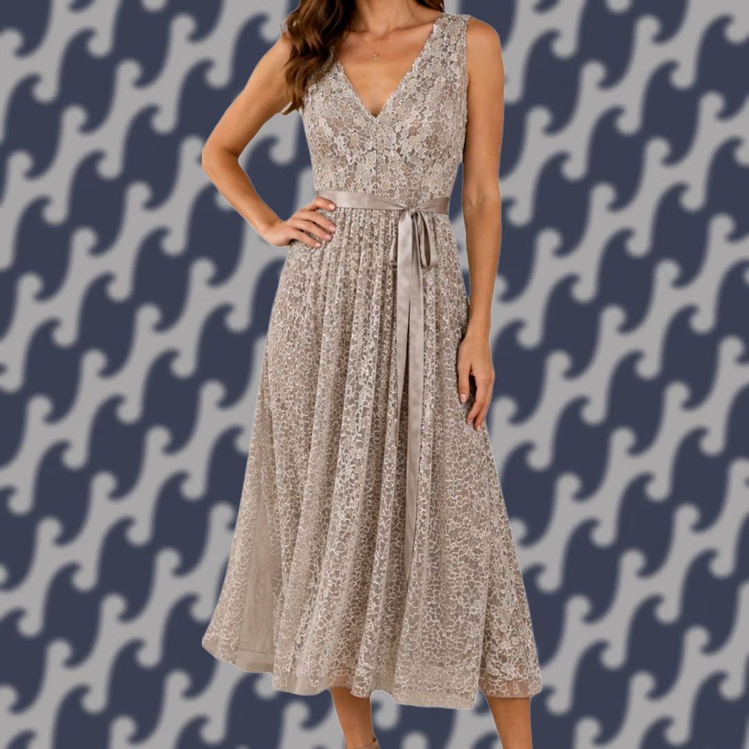 Vintage VINTAGE Candalite Womens Midi Gown Dress Sleeveless Sequin Lace V-Neck Taupe Champagne 2X Size M / US 6-8 / IT 42-44 - 1 Thumbnail