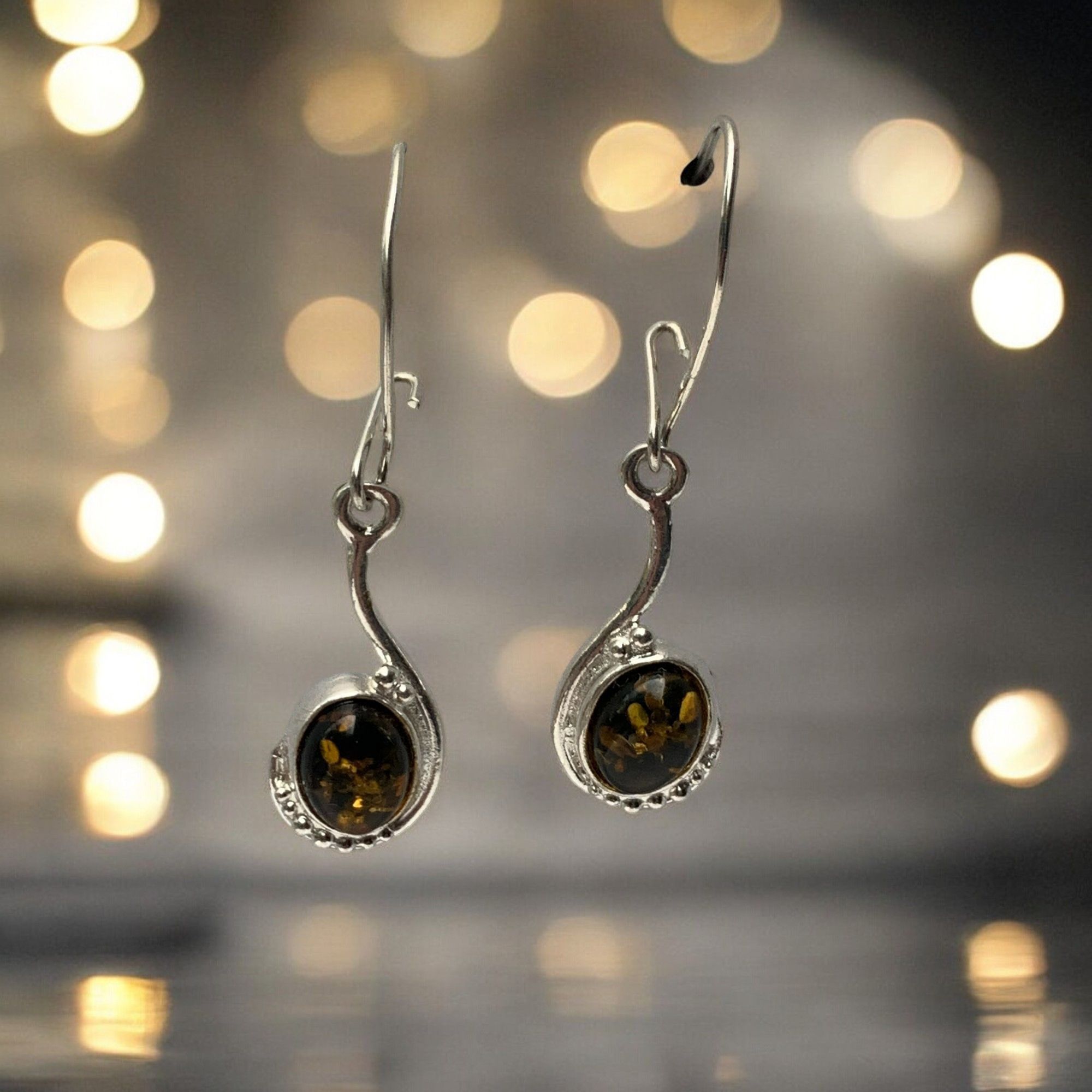 Designer Sterling Silver 925 Green Amber Drop Dangle Earrings Size ONE SIZE - 1 Thumbnail