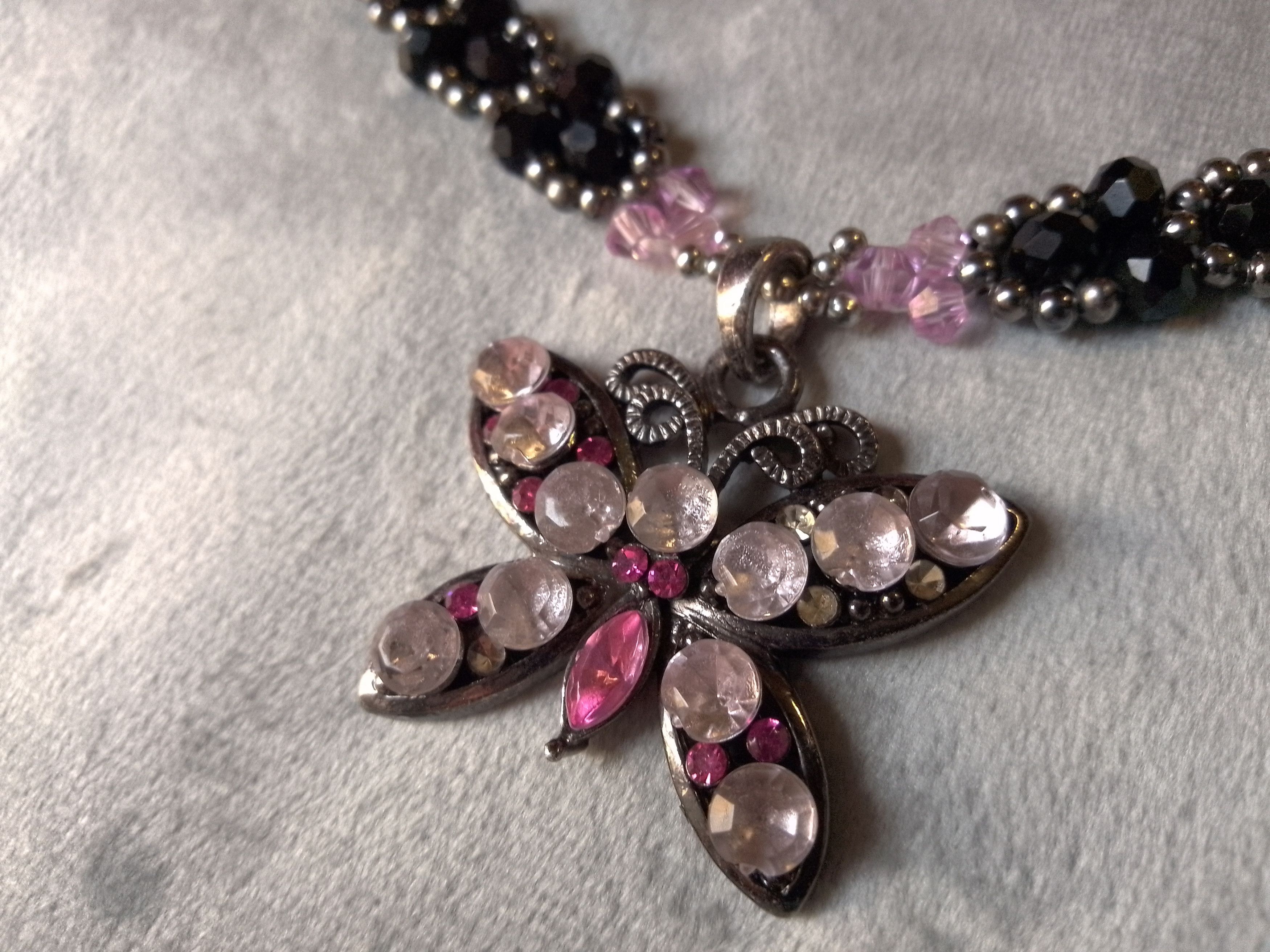 Handmade Black necklace with vintage Butterfly jewel pendant charm Size ONE SIZE - 3 Thumbnail