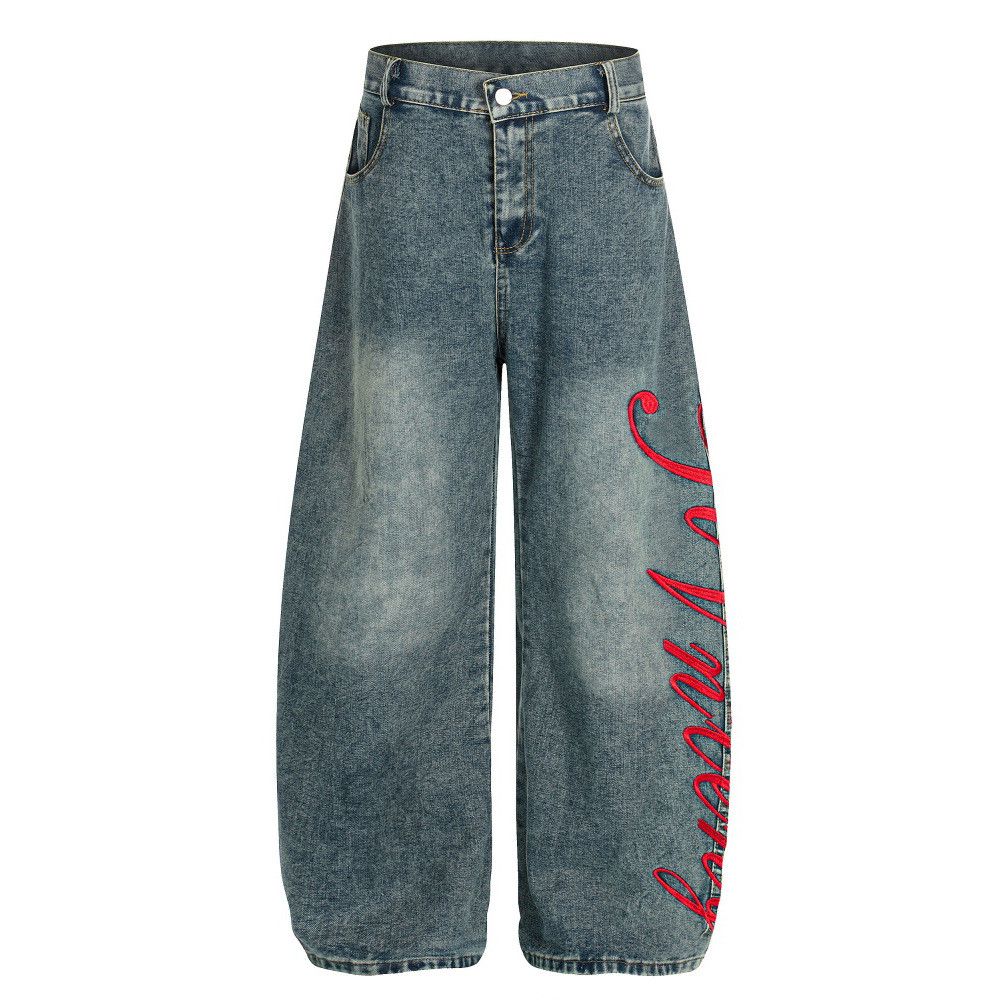 Men's American vintage distressed washed curved denim jeans
