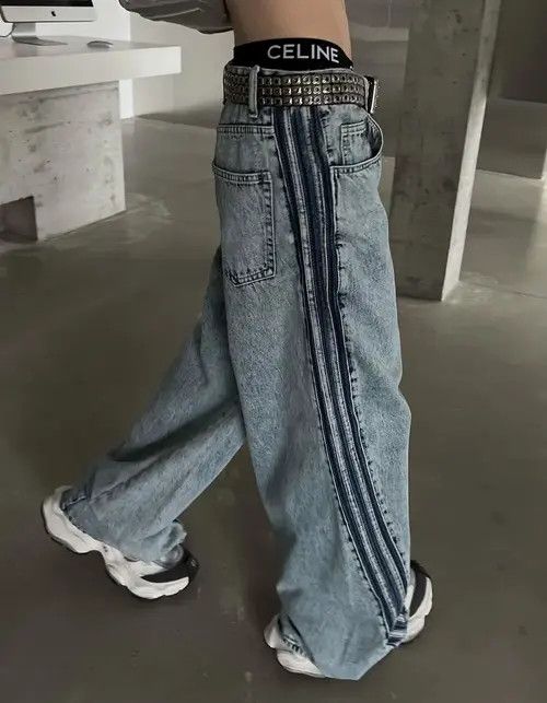 VIBE Avant garde fashion acid wash side striped baggy jeans pants Size US 32 / EU 48 - 1 Thumbnail