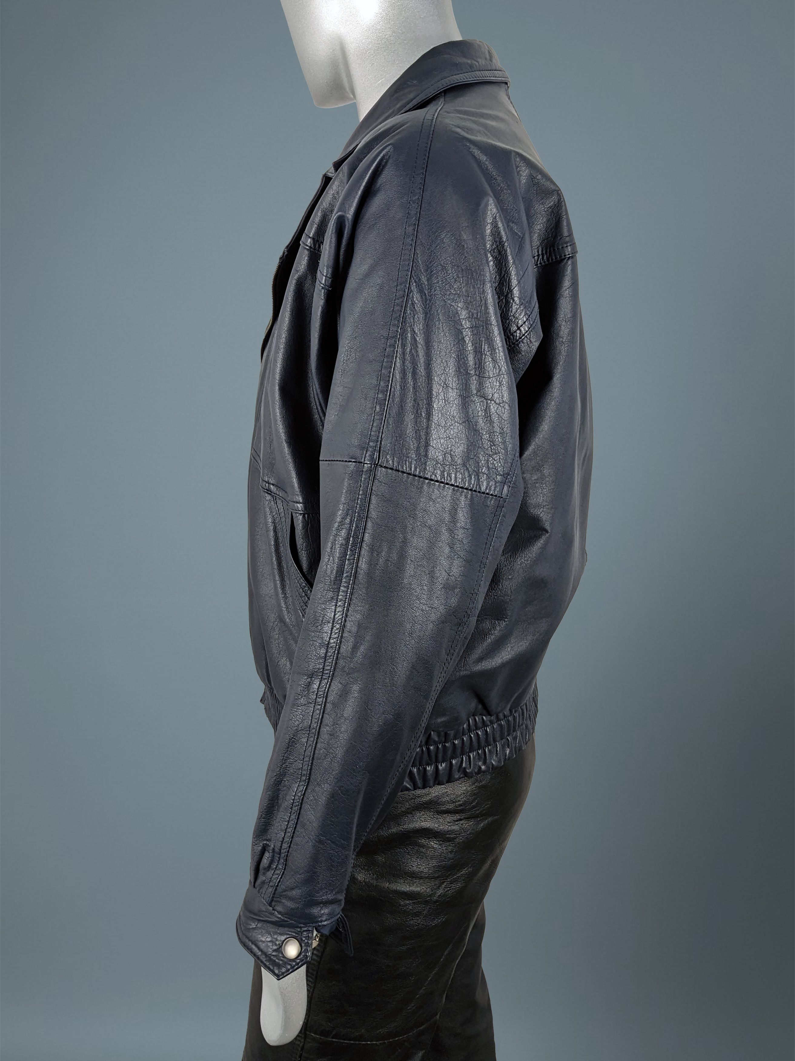 Vintage Vintage 90s Dark Blue Goatskin Leather Biker Bomber Jacket Size US M / EU 48-50 / 2 - 6 Thumbnail