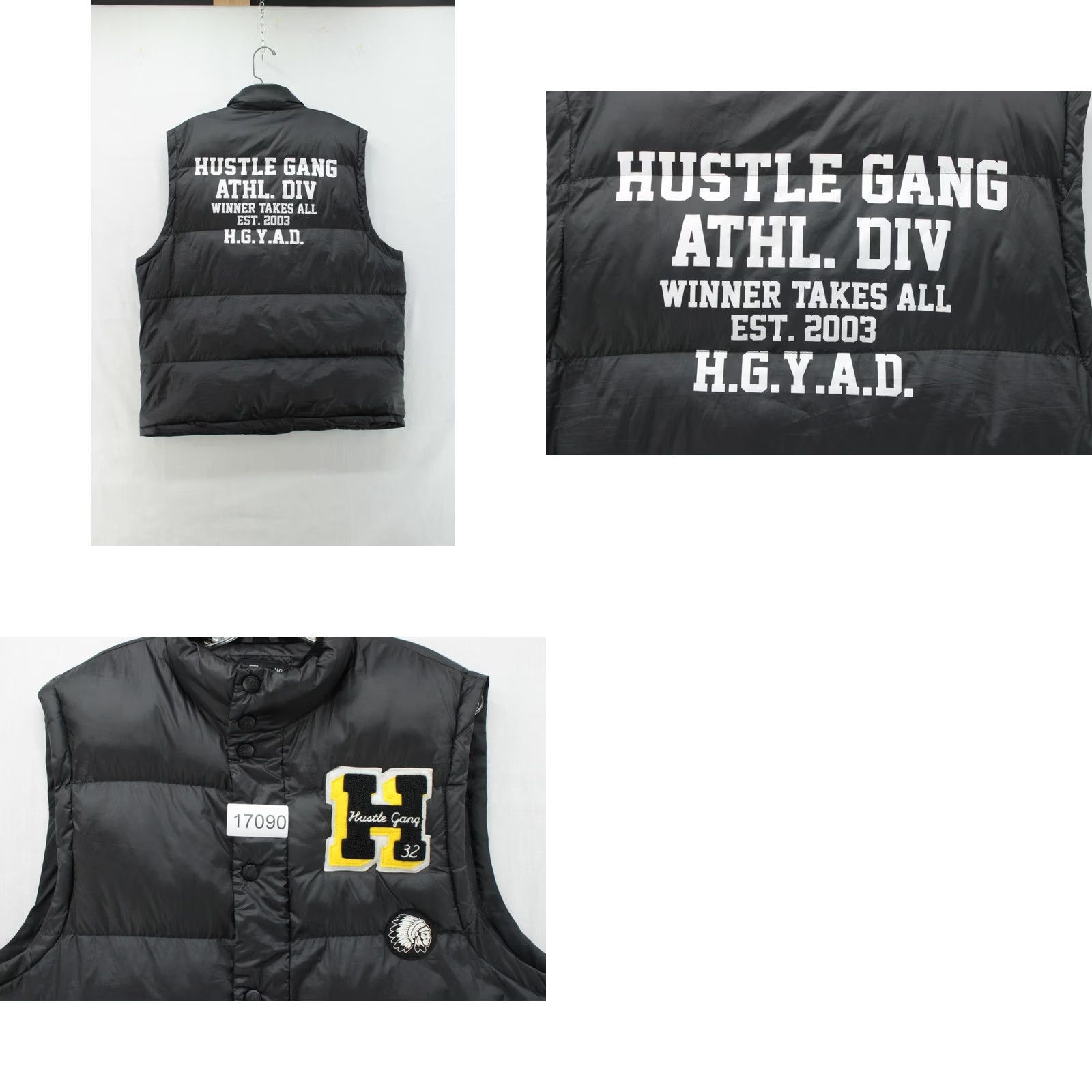 NANGA Hustle Gang Puffer Vest Mens Large Black Chief Logo Varsity Patch Graphic Print Vest Size US L / EU 52-54 / 3 - 8 Thumbnail