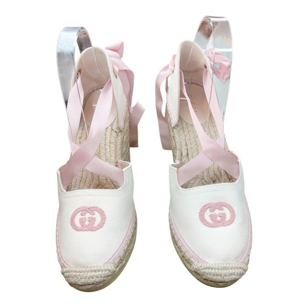 Gucci GUCCI Judit Espadrille Wedge Sandals White Pink GG Lace Up E Size US 8.5 / IT 38.5 - 2 Thumbnail