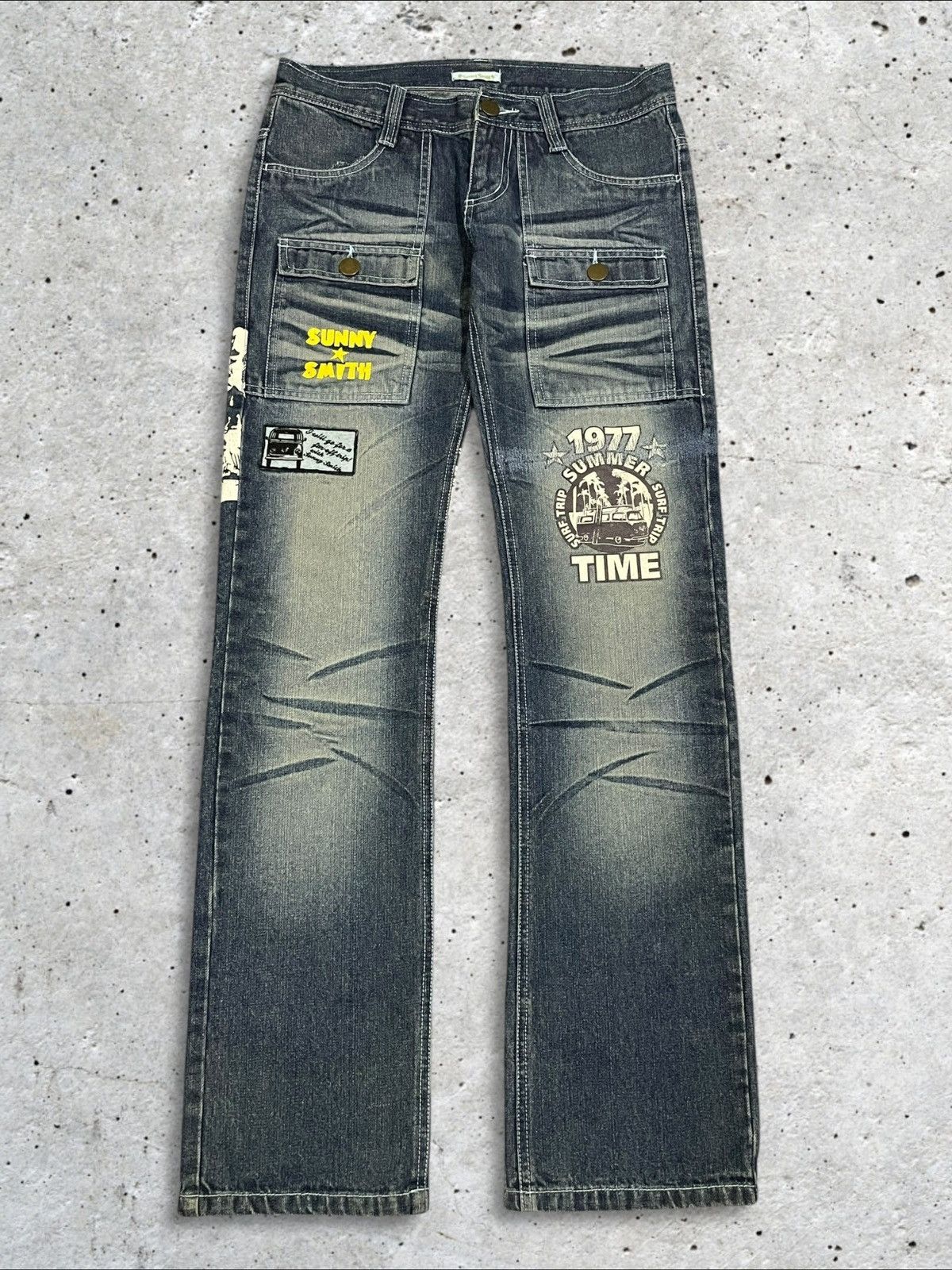 Japanese Brand Vintage Sunny Smith Patches Whiskers Blue Wash Bush Pants Size US 32 / EU 48 - 1 Thumbnail