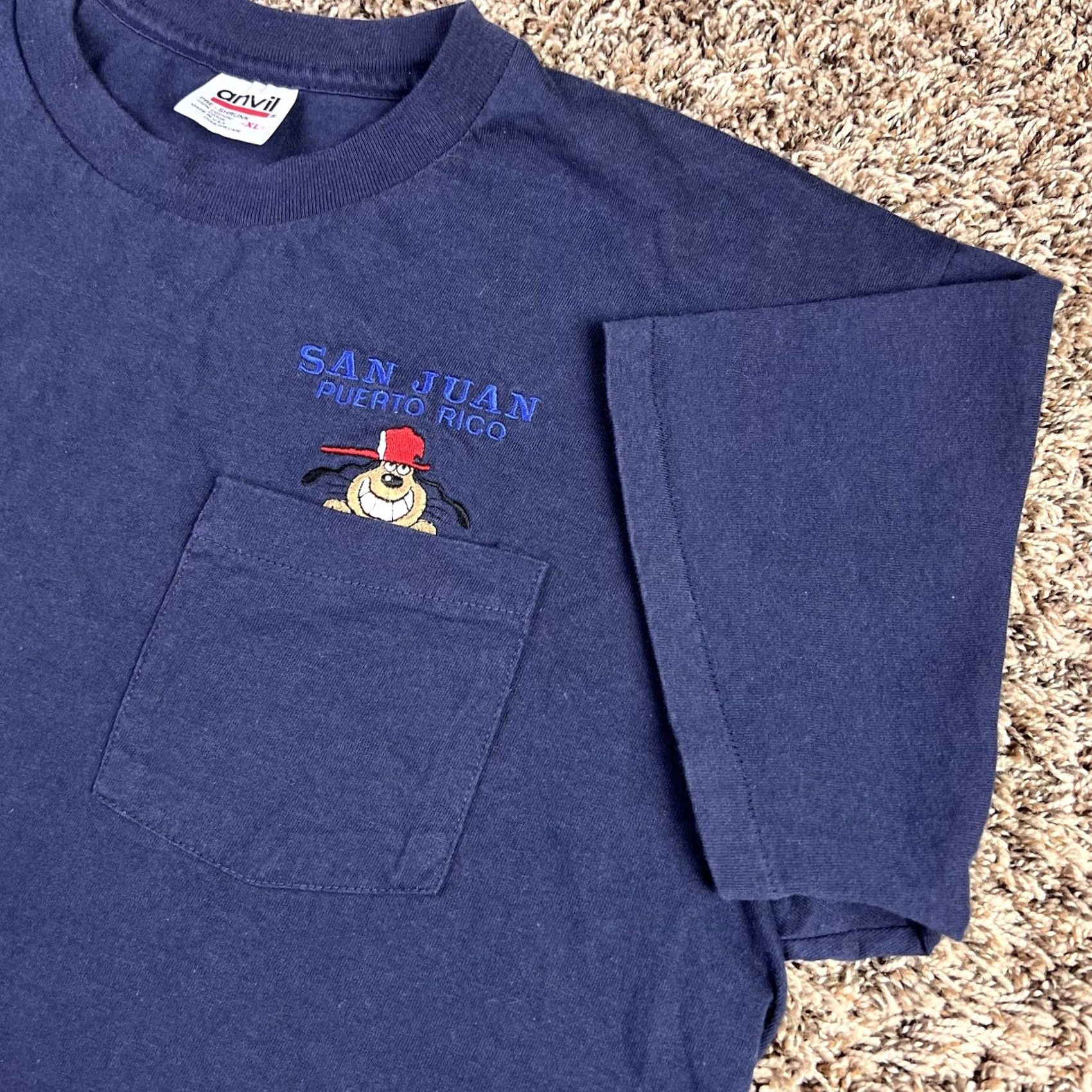 Anvil VINTAGE San Juan Puerto Rico T-Shirt XL Selvedge Pocket Single Stitch 90s Anvil Crew Neck Blue 100% Cotton USA Men Size US XL / EU 56 / 4 - 4 Thumbnail